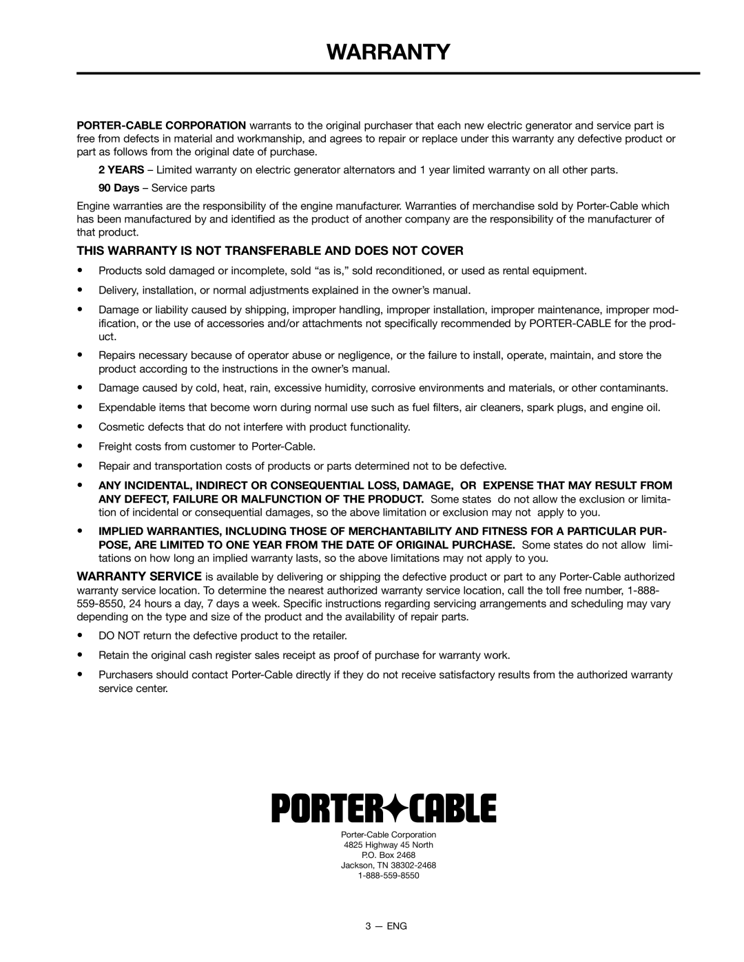 Porter-Cable BSI550 instruction manual This Warranty is not Transferable and does not Cover 