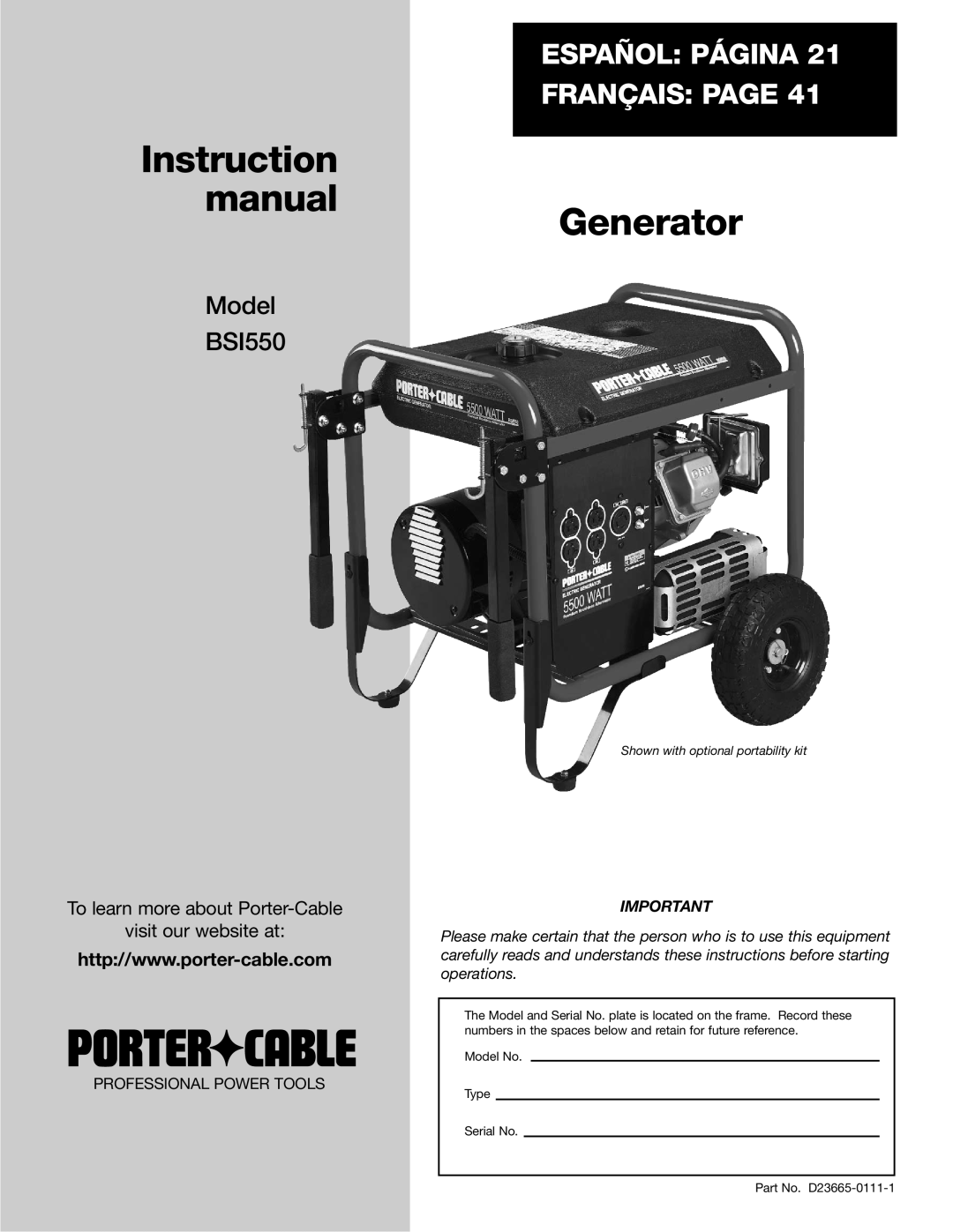 Porter-Cable instruction manual Instruction manual, Generator, Español Página Français Page, Model BSI550 