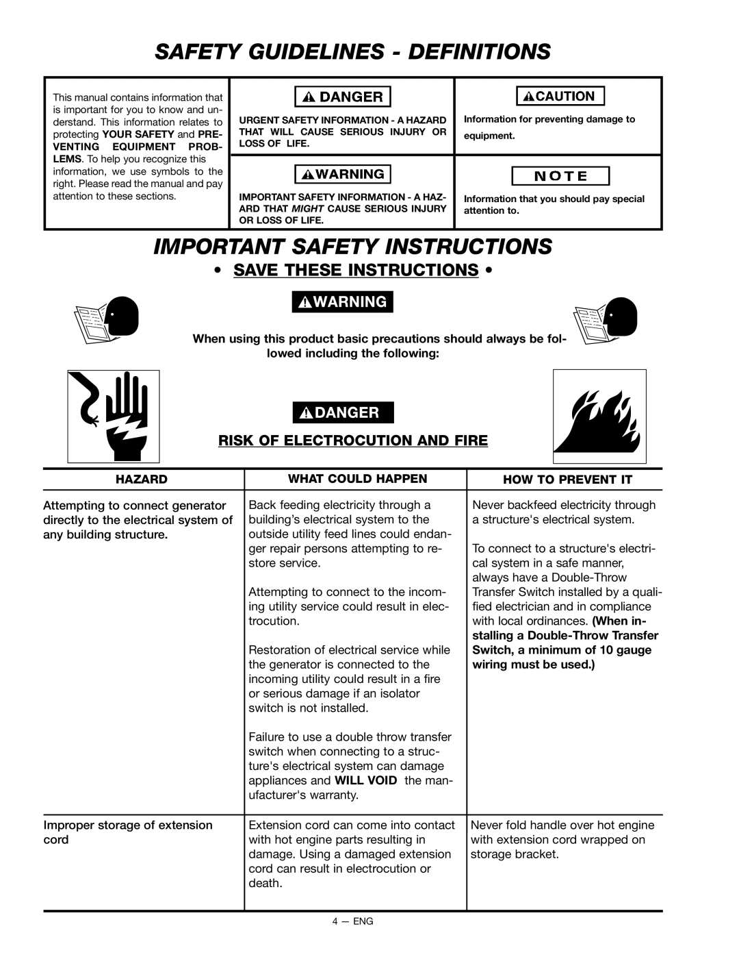 Porter-Cable BSI550 Safety Guidelines - Definitions, Important Safety Instructions, Save These Instructions, Hazard 
