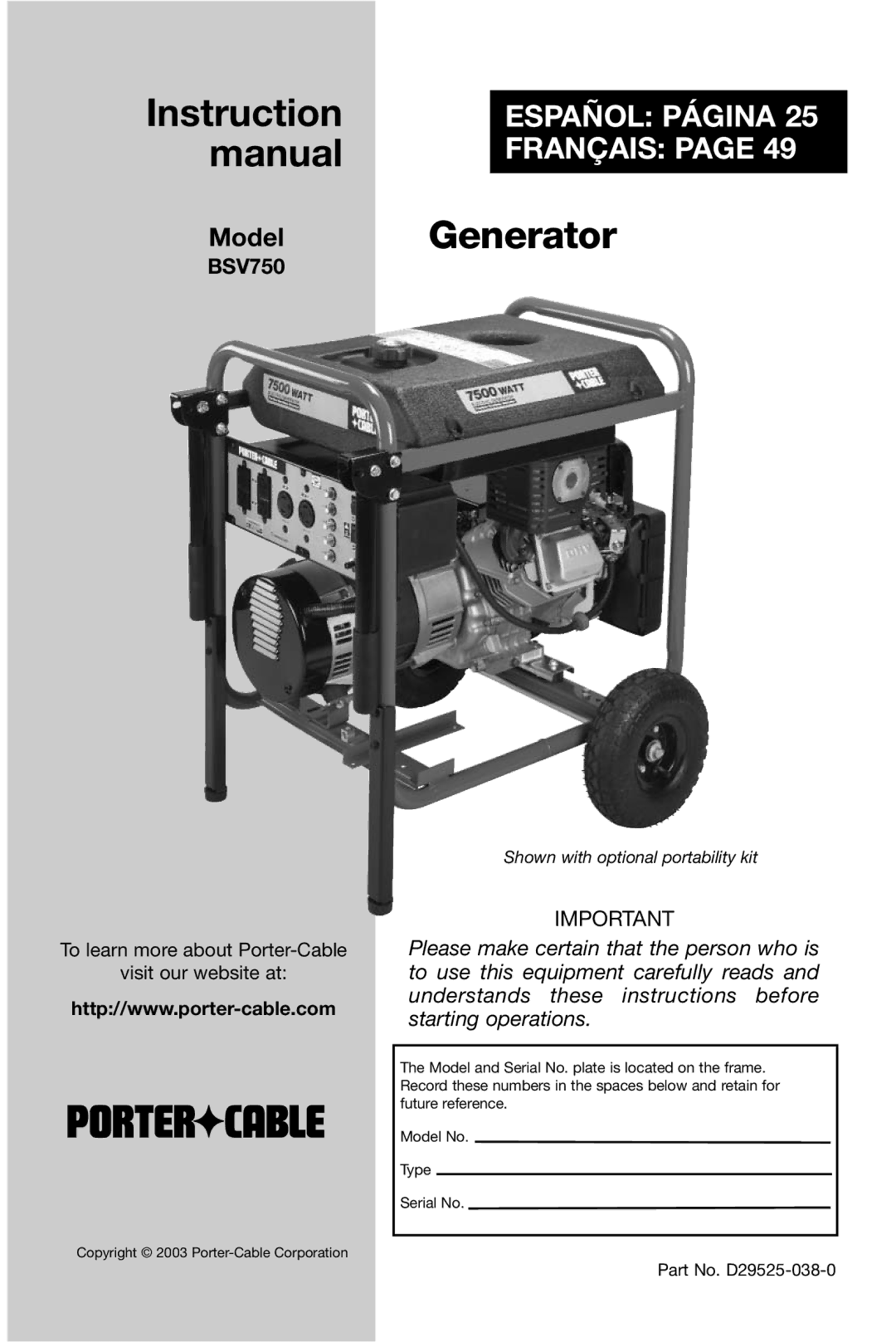 Porter-Cable BSV750 instruction manual Generator 