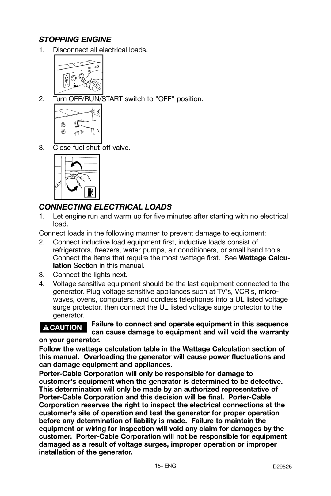 Porter-Cable BSV750 instruction manual Stopping Engine, Connecting Electrical Loads 