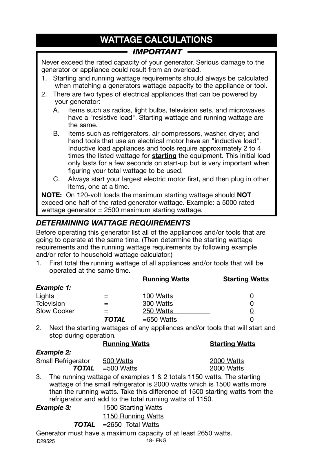 Porter-Cable BSV750 instruction manual Wattage Calculations, Determining Wattage Requirements, Running Watts Starting Watts 