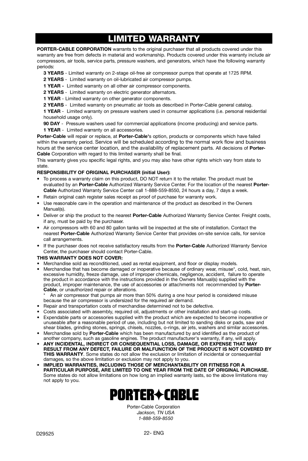 Porter-Cable BSV750 instruction manual Limited Warranty, Responsibility of Original Purchaser initial User 