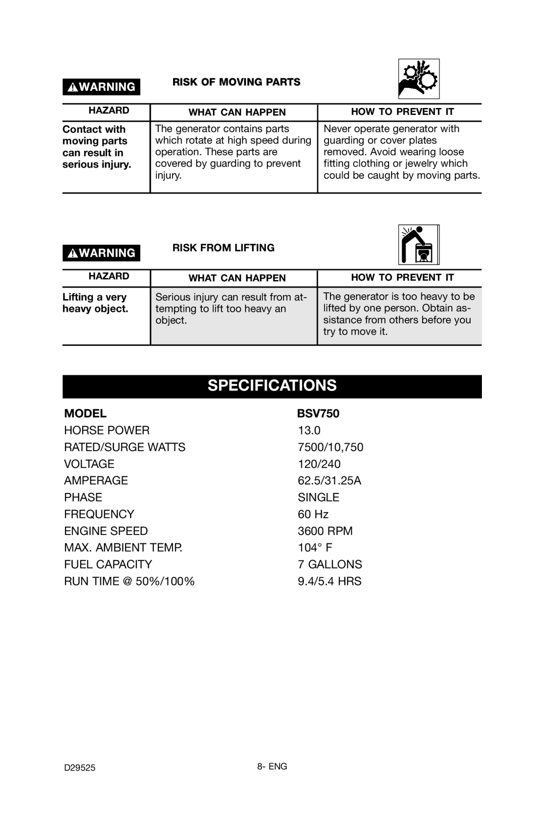 Porter-Cable BSV750 instruction manual Specifications, Risk of Moving Parts, Risk from Lifting 