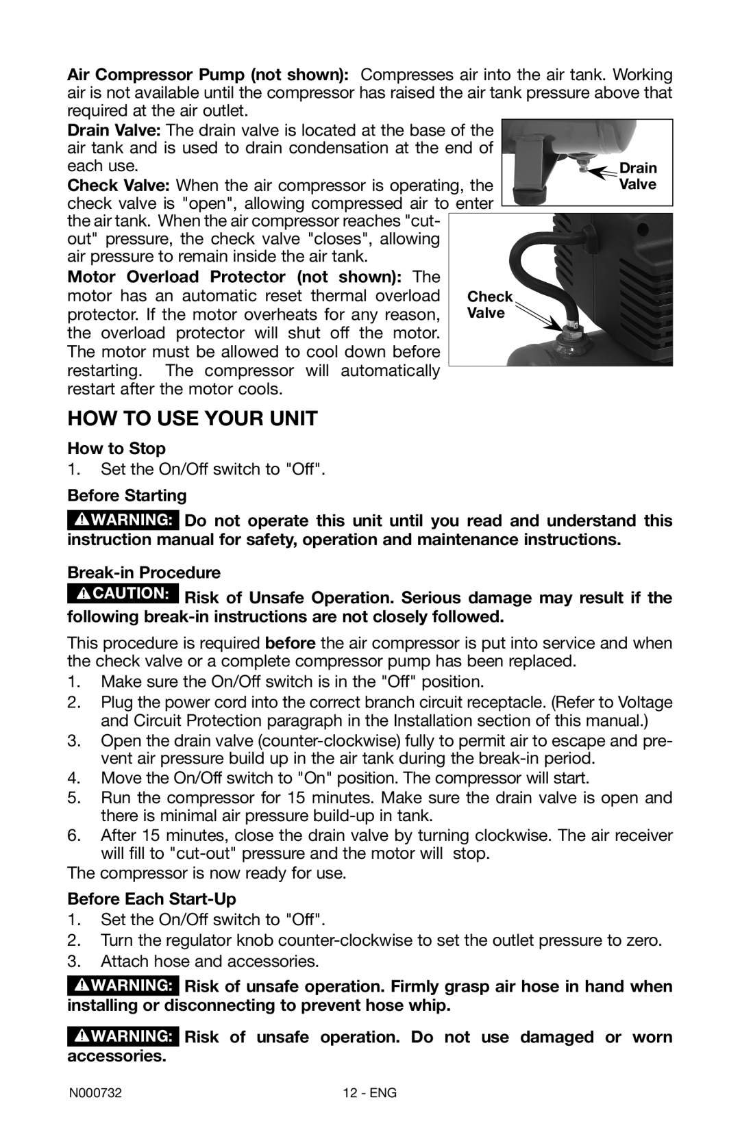 Porter-Cable C2025 instruction manual Motor Overload Protector not shown, How to Stop, Before Each Start-Up 