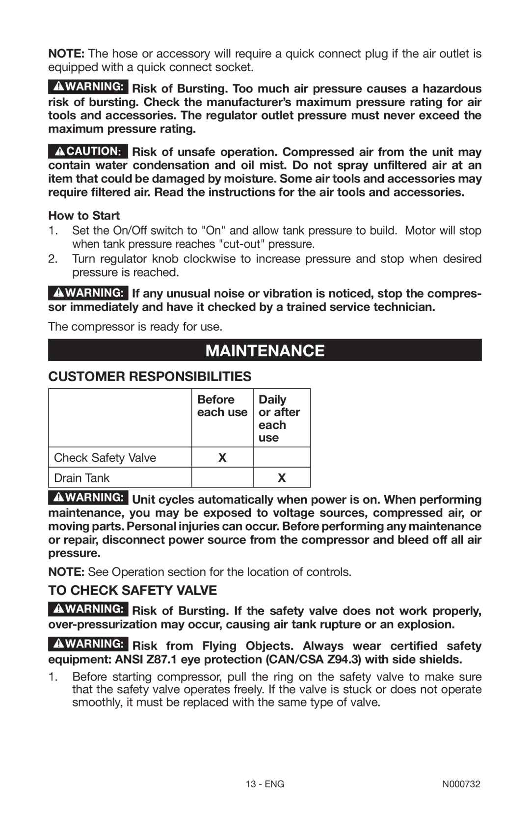 Porter-Cable C2025 instruction manual Maintenance, Customer Responsibilities, To Check Safety Valve, How to Start 