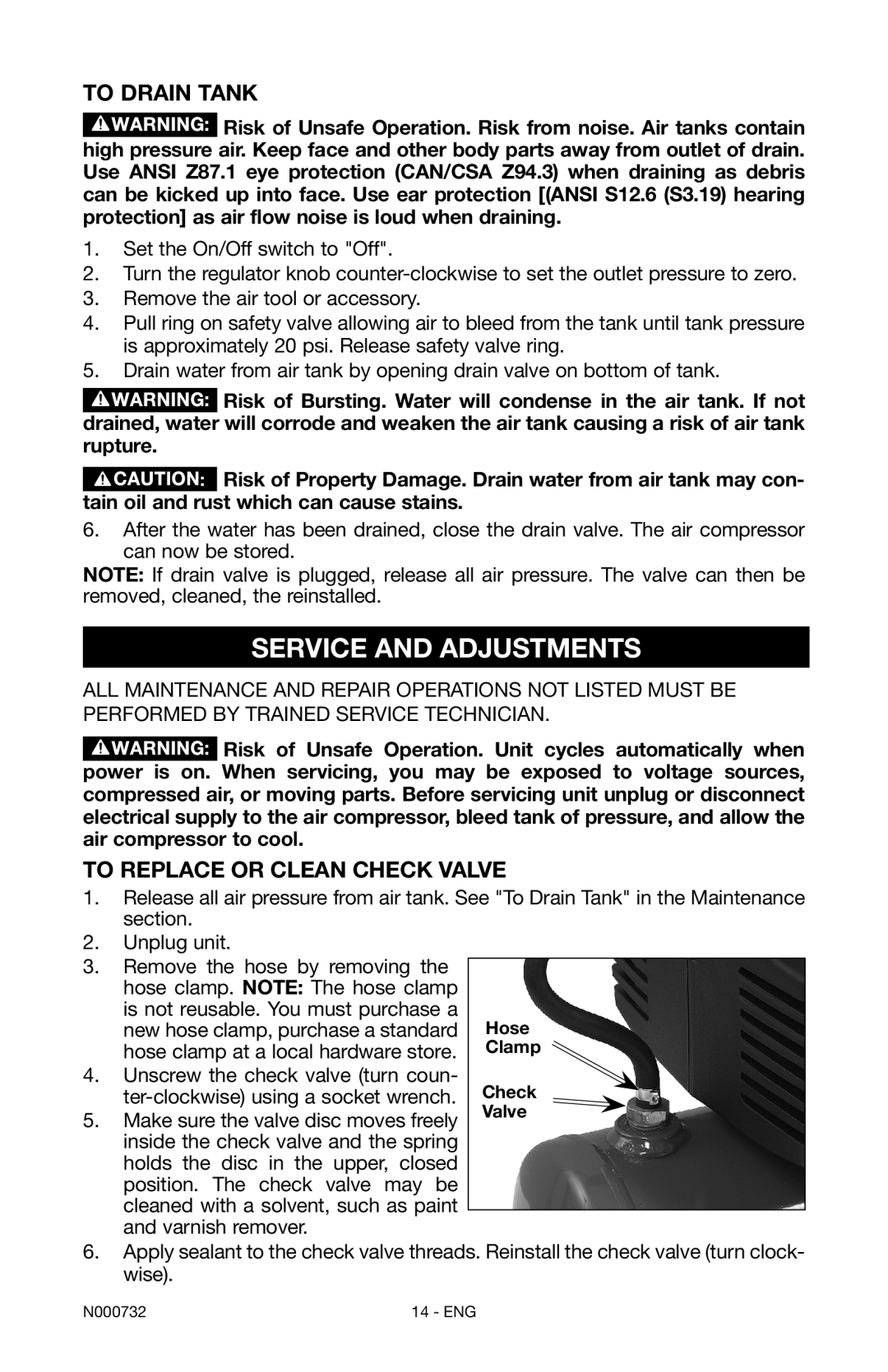 Porter-Cable C2025 instruction manual Service and Adjustments, To Drain Tank, To Replace or Clean Check Valve 