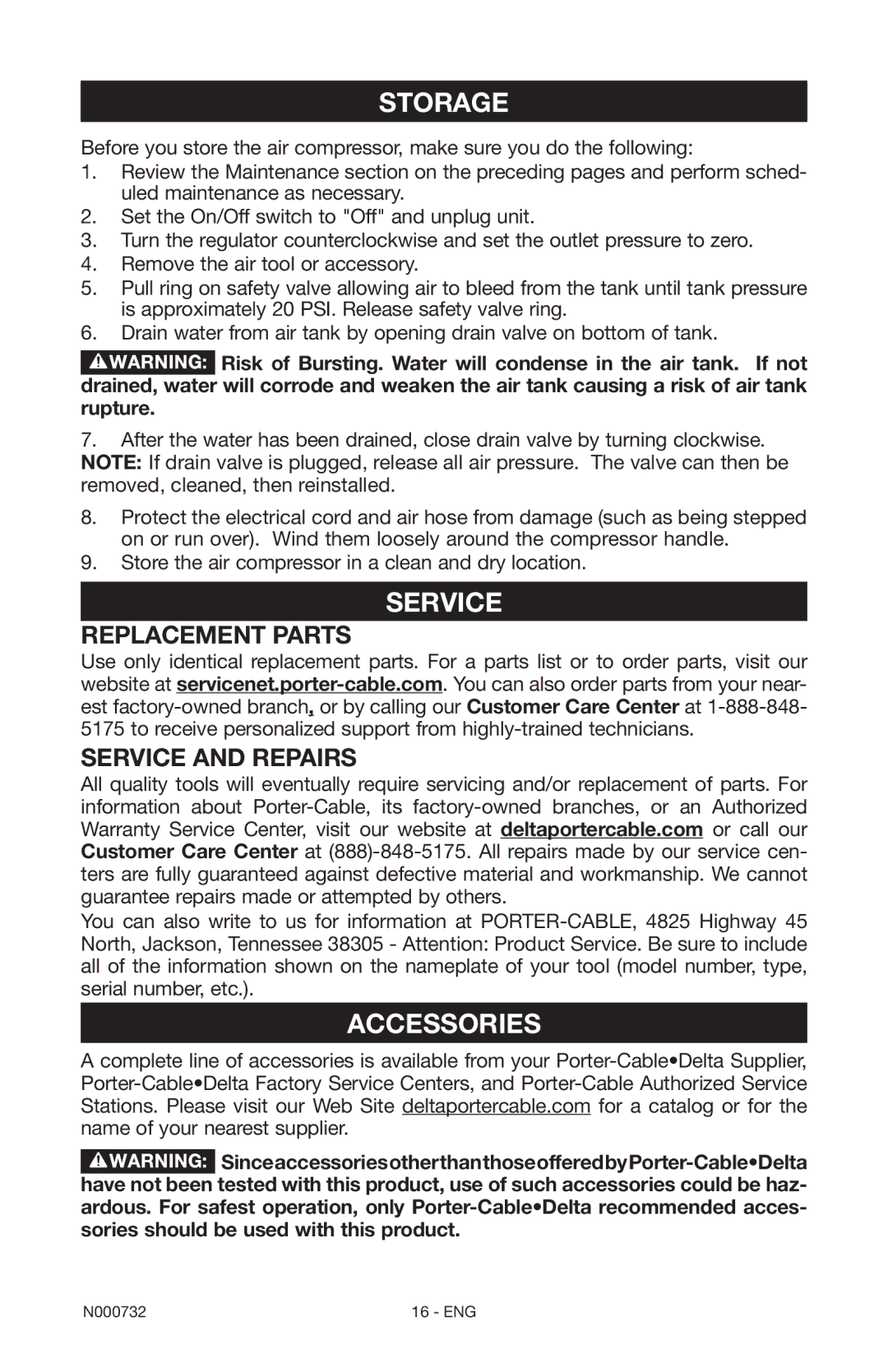 Porter-Cable C2025 instruction manual Storage, Service 