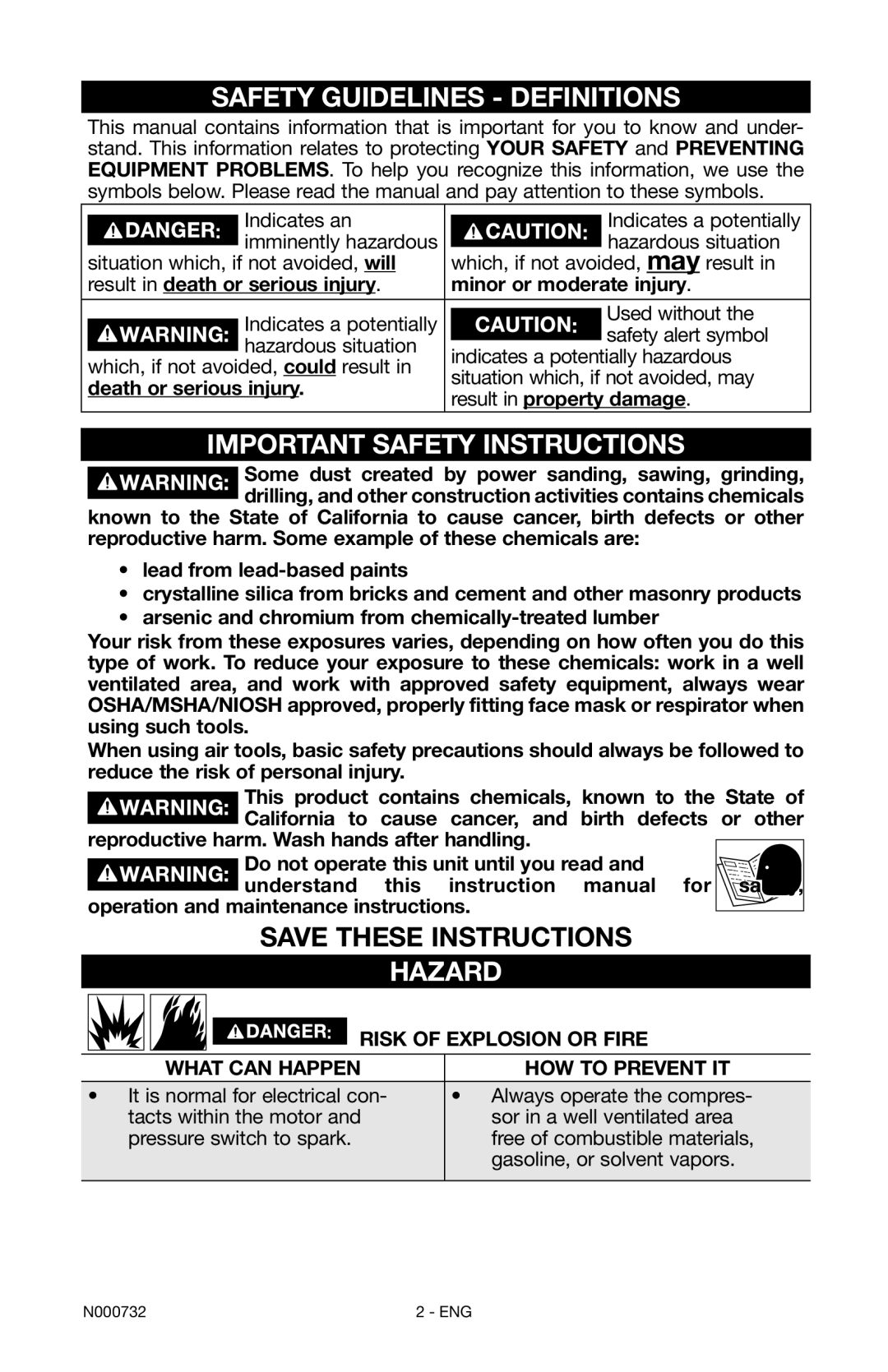 Porter-Cable C2025 instruction manual Safety Guidelines Definitions, Important Safety Instructions, Hazard 