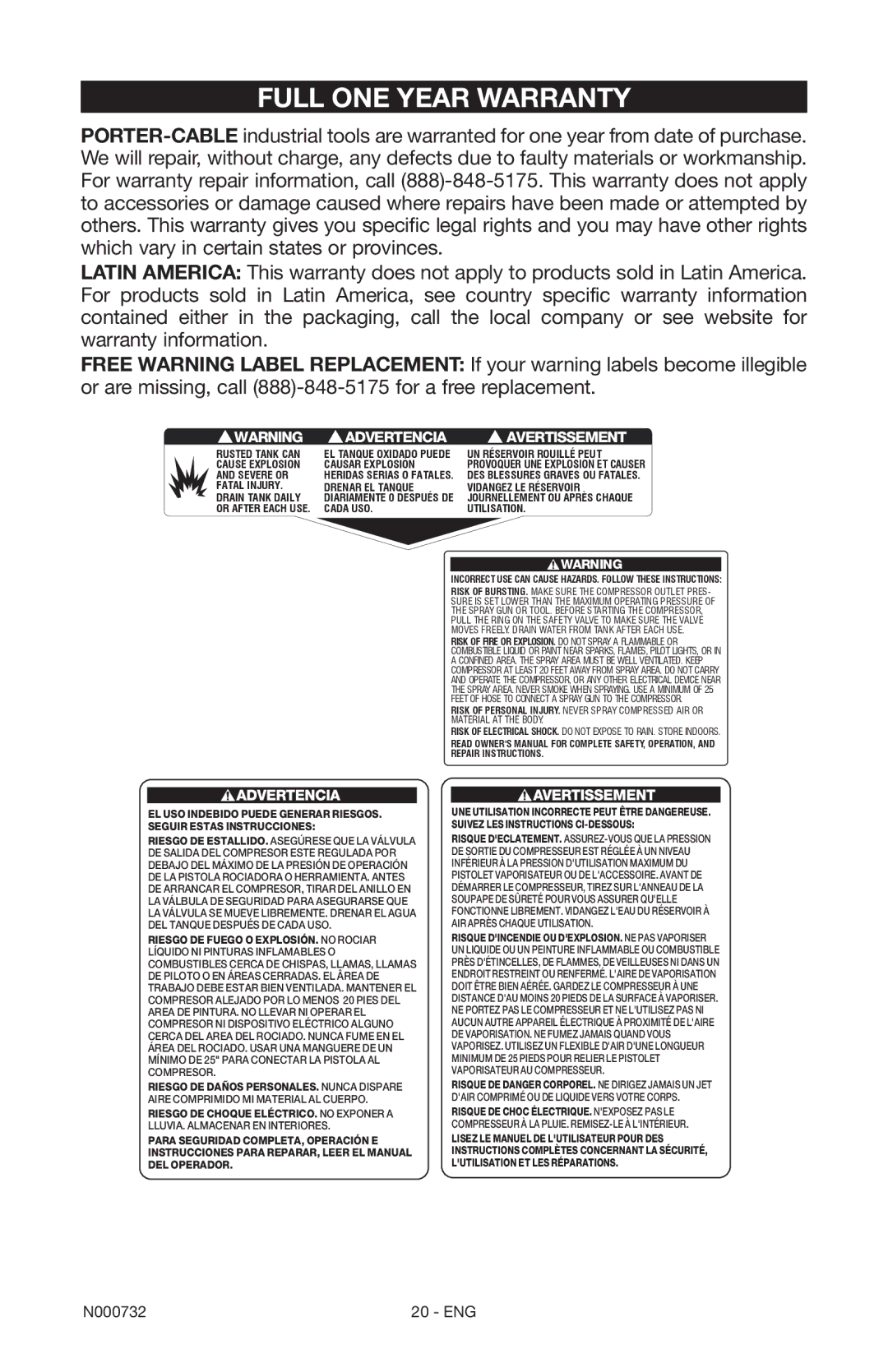 Porter-Cable C2025 instruction manual Full One Year Warranty 