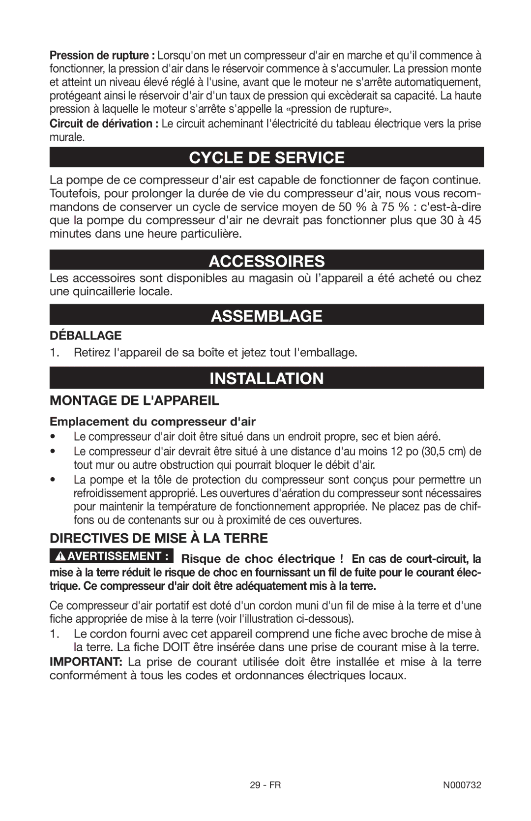 Porter-Cable C2025 instruction manual Cycle DE Service, Accessoires, Assemblage, Déballage, Emplacement du compresseur dair 