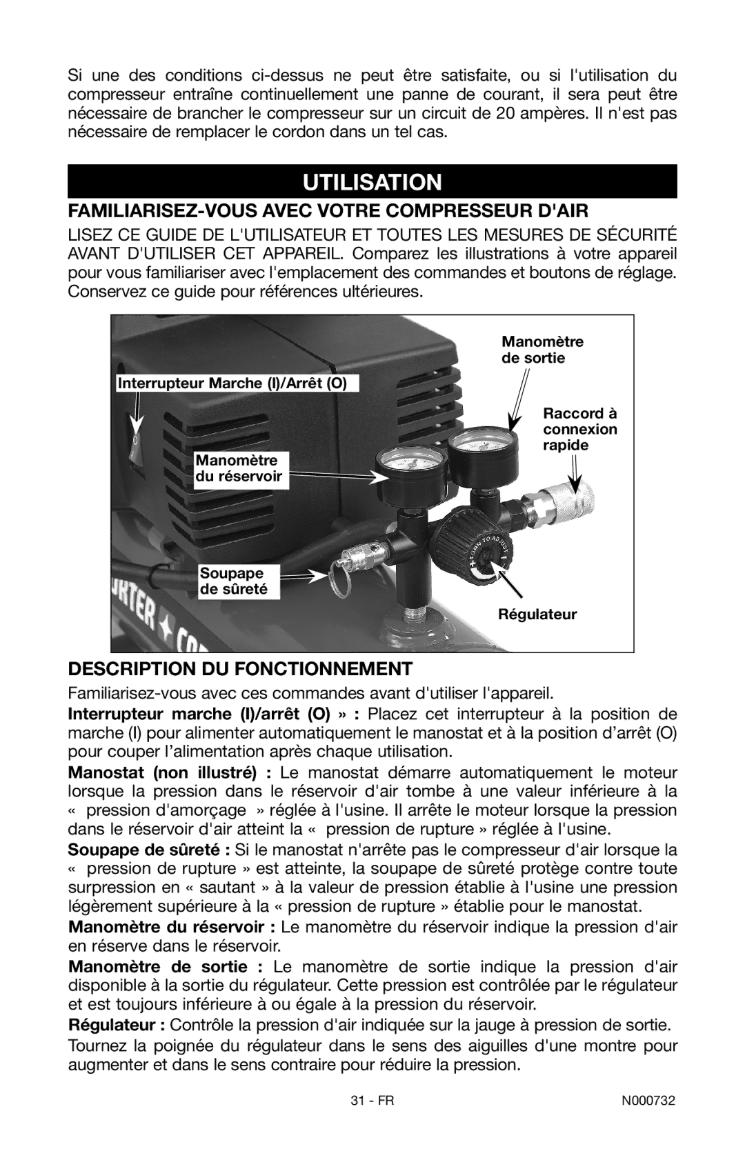 Porter-Cable C2025 Utilisation, Familiarisez-vous avec votre compresseur dair, Description du fonctionnement 