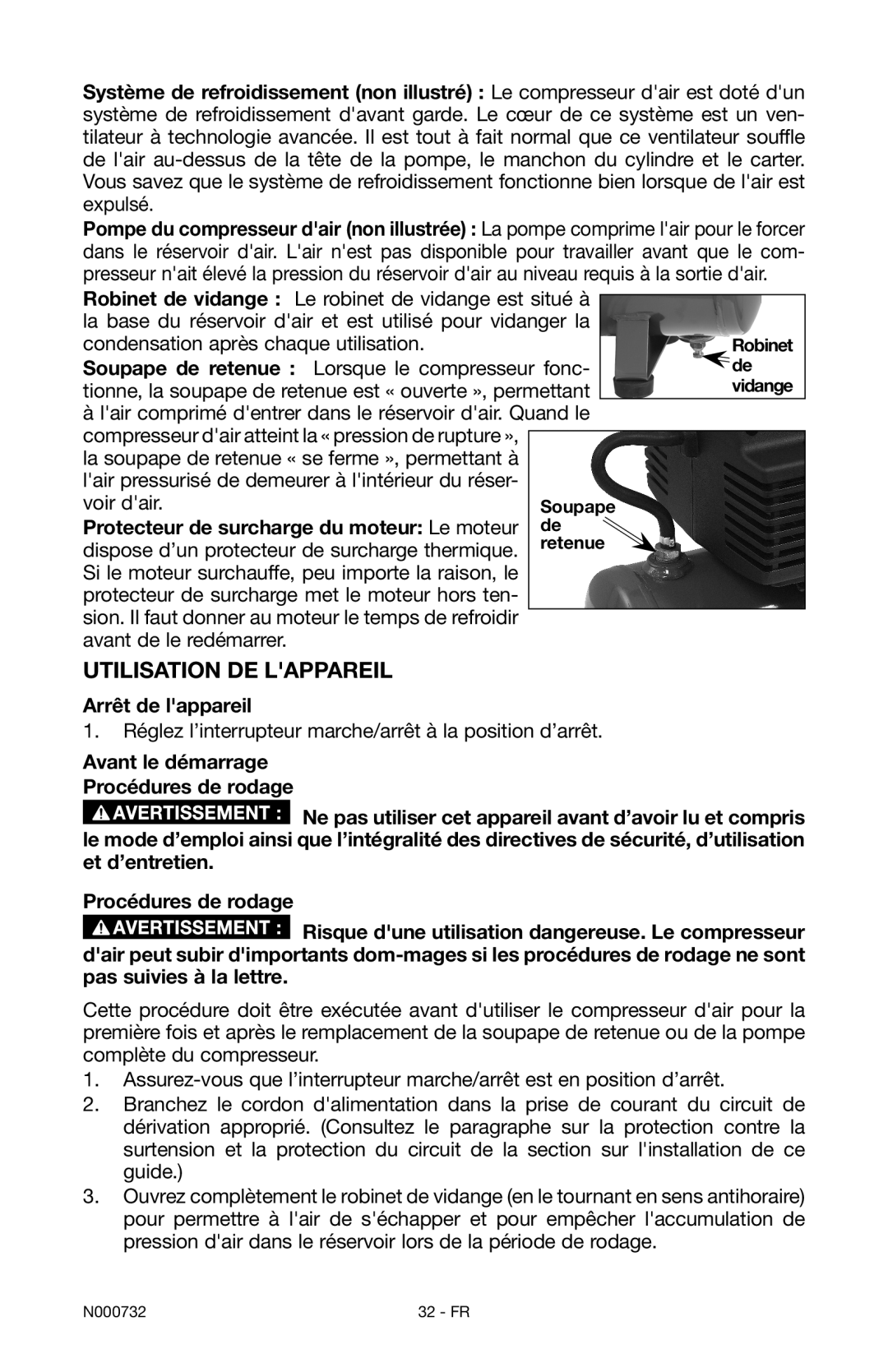 Porter-Cable C2025 instruction manual Utilisation de lappareil, Arrêt de lappareil 