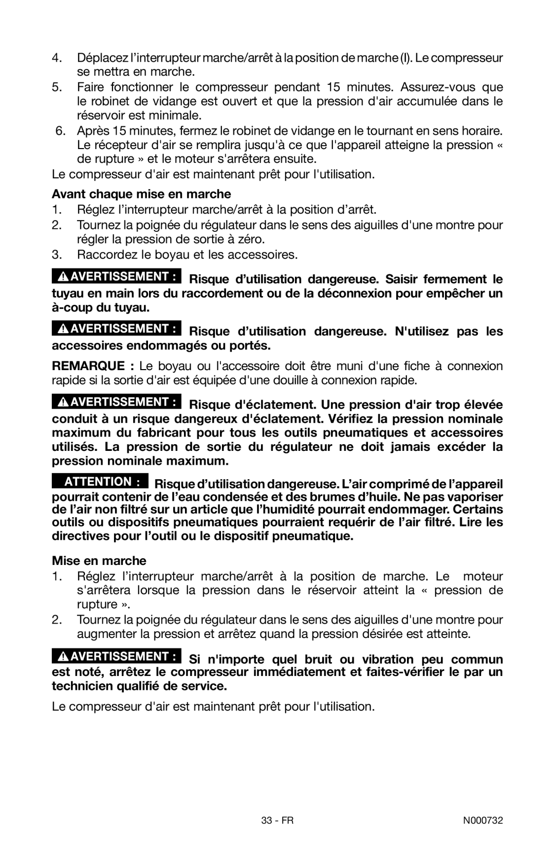 Porter-Cable C2025 instruction manual Avant chaque mise en marche, Mise en marche 