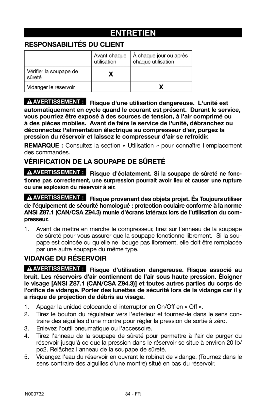 Porter-Cable C2025 Entretien, Responsabilités du client, Vérification de la soupape de sûreté, Vidange du réservoir 