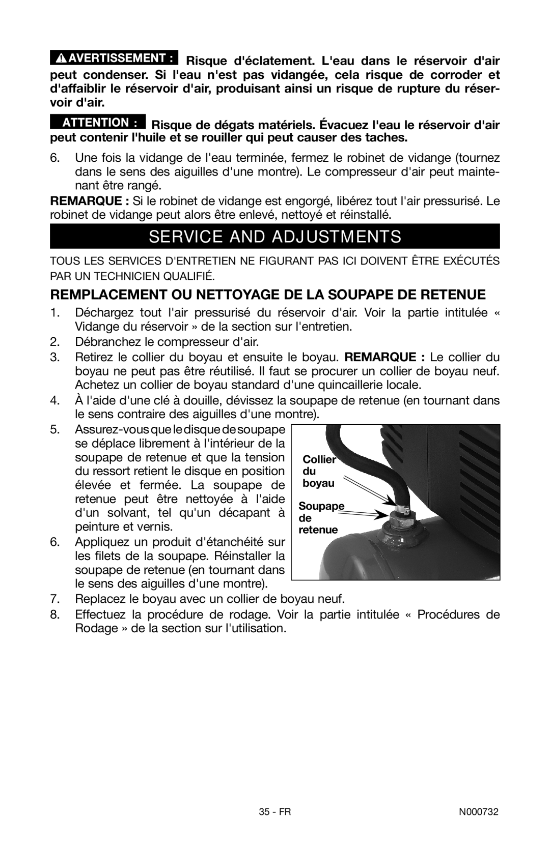 Porter-Cable C2025 instruction manual Service and Adjustments, Remplacement ou nettoyage de la soupape de retenue 