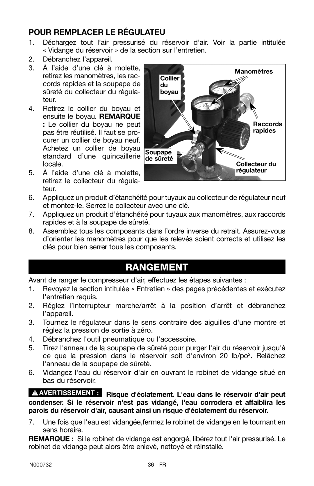 Porter-Cable C2025 instruction manual Rangement, Pour remplacer le régulateu 