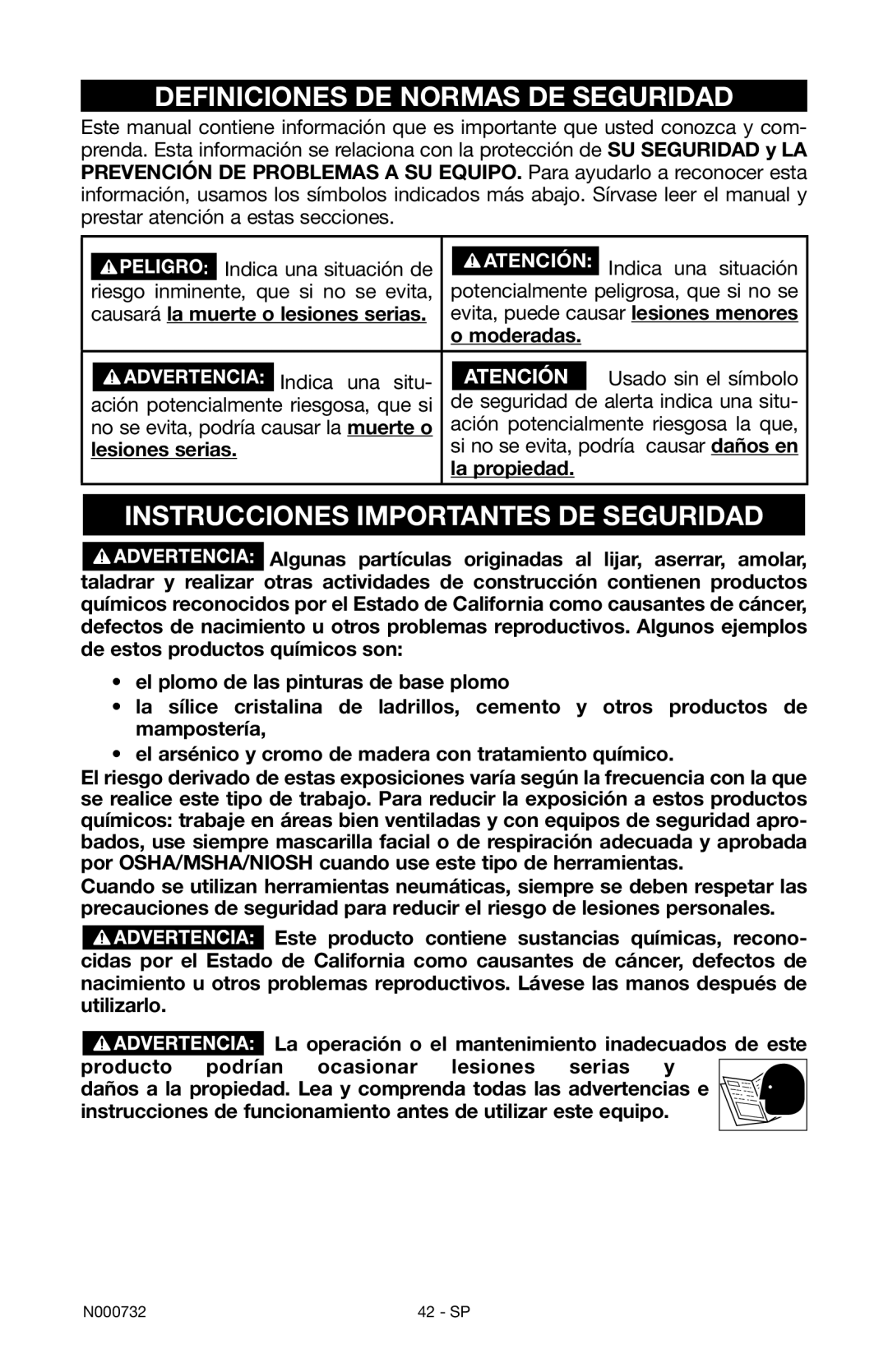 Porter-Cable C2025 instruction manual Definiciones DE Normas DE Seguridad, Instrucciones Importantes DE Seguridad 