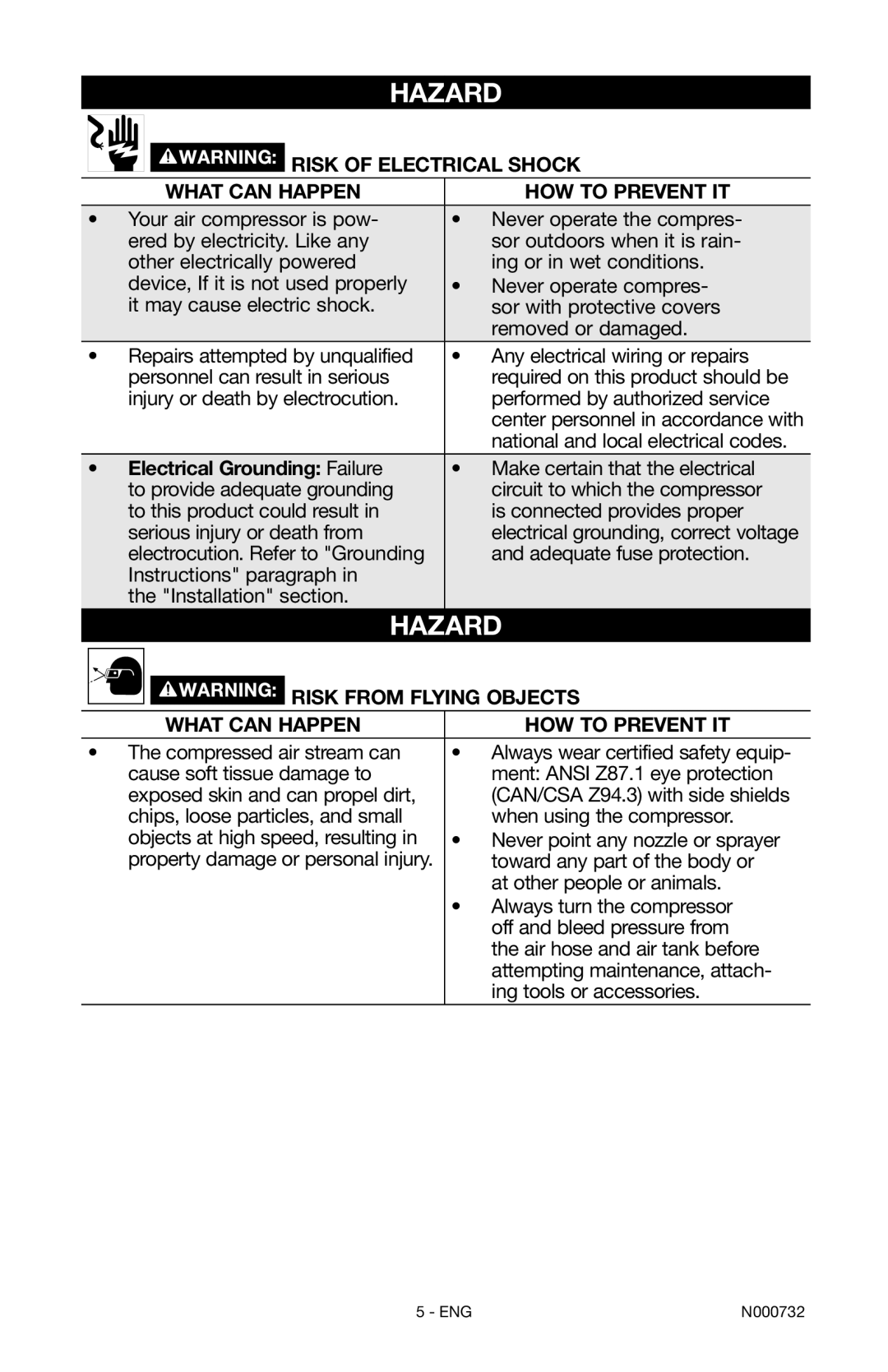 Porter-Cable C2025 instruction manual Risk of Electrical Shock, Electrical Grounding Failure, Risk from Flying Objects 