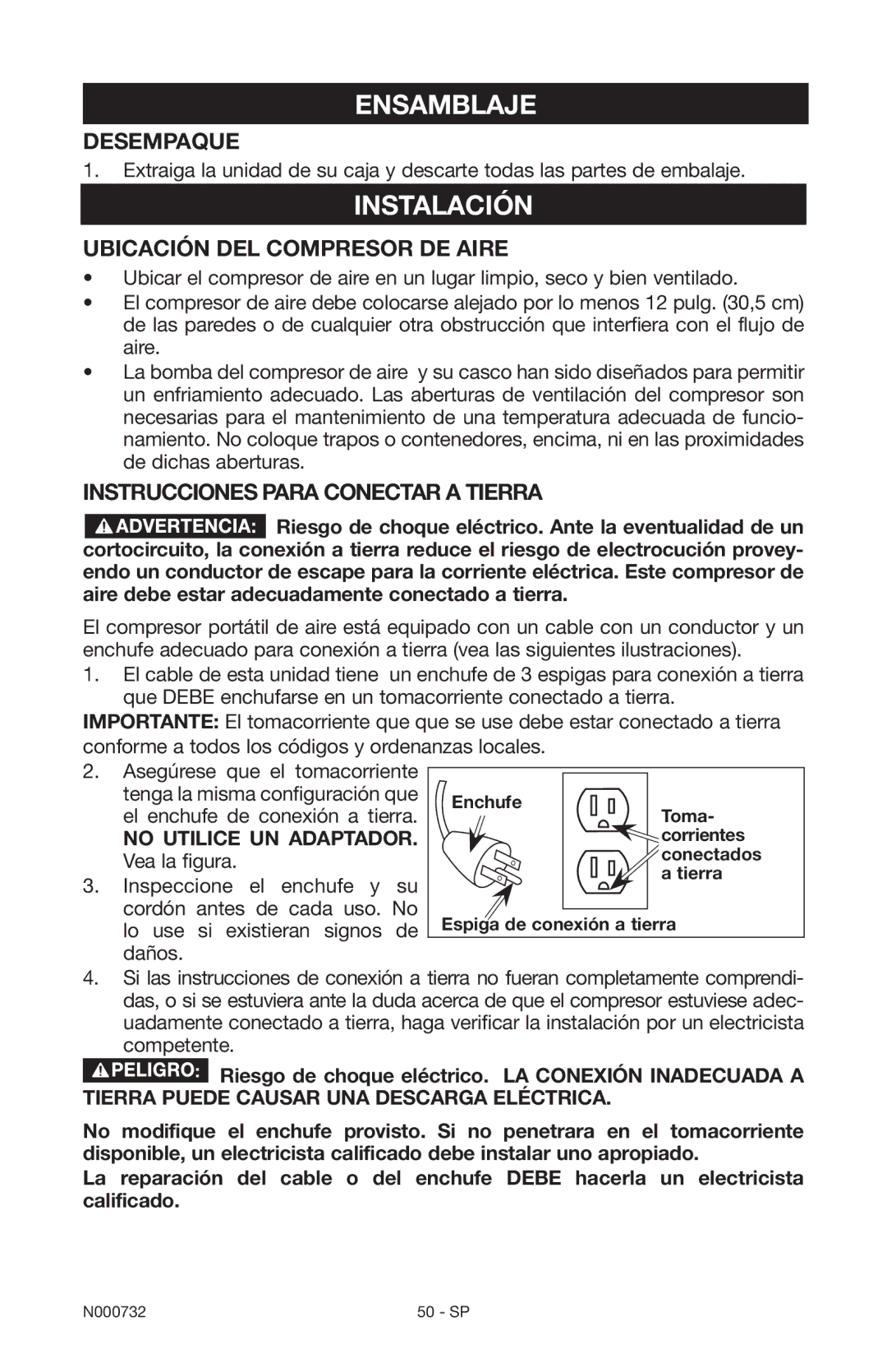 Porter-Cable C2025 instruction manual Ensamblaje, Instalación, Desempaque, Ubicación del compresor de aire 