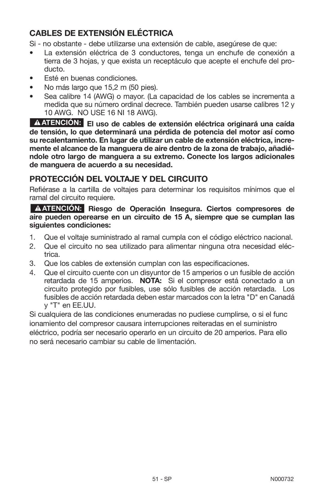 Porter-Cable C2025 instruction manual Cables de extensión eléctrica, Protección del voltaje y del circuito 