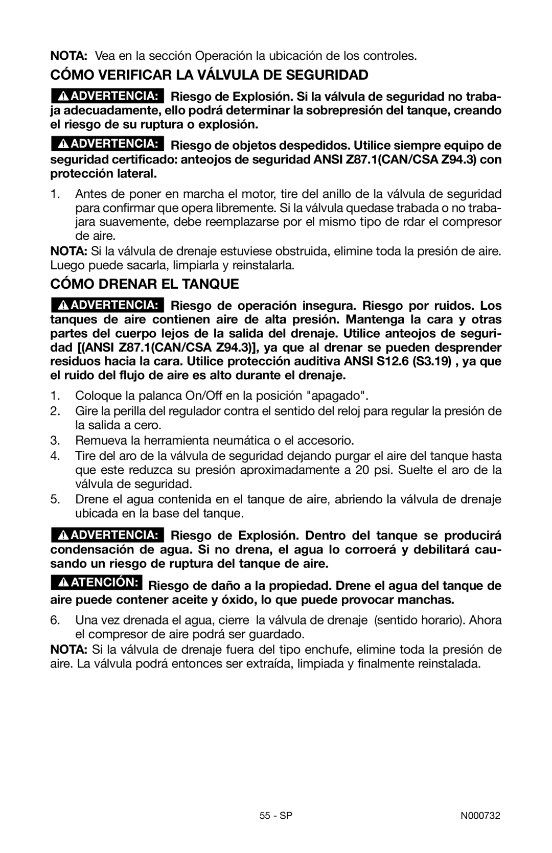 Porter-Cable C2025 instruction manual Cómo verificar la válvula de seguridad, Cómo drenar el tanque 