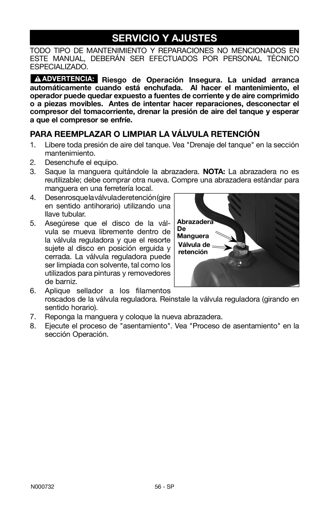 Porter-Cable C2025 instruction manual Servicio Y Ajustes, Para reemplazar o limpiar la válvula retención 