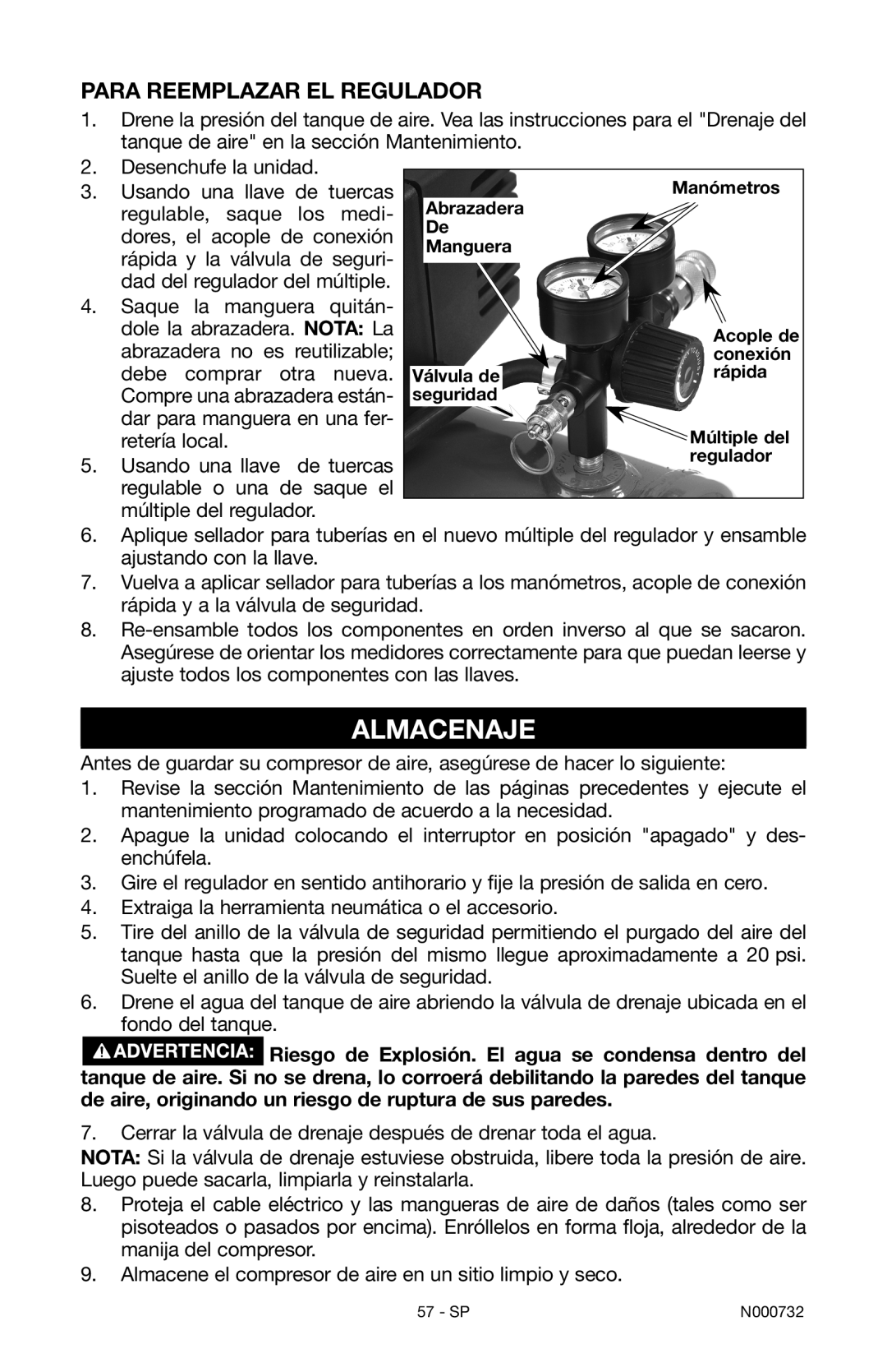 Porter-Cable C2025 instruction manual Almacenaje, Para reemplazar el regulador 