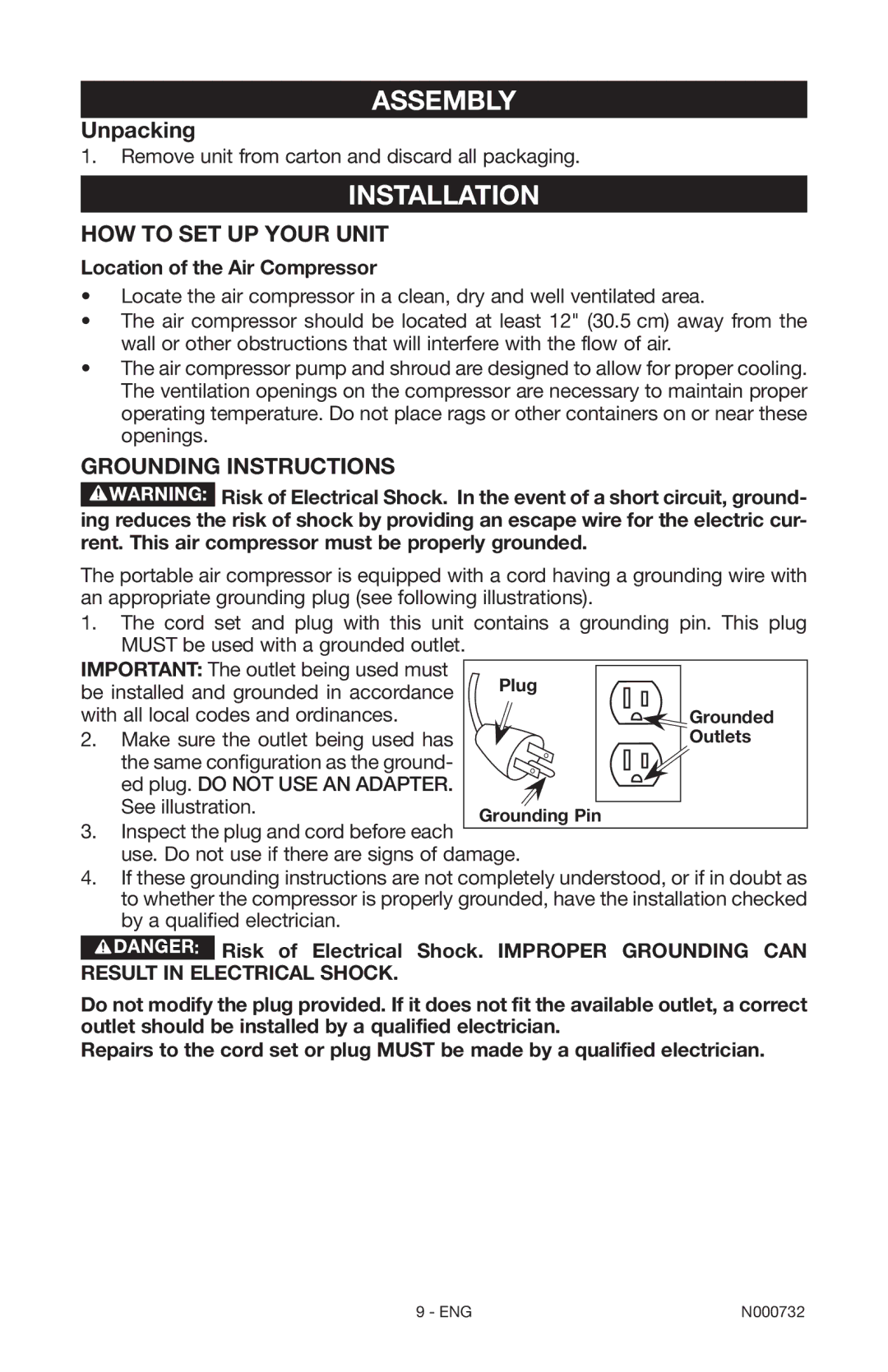 Porter-Cable C2025 Assembly, Installation, Unpacking, Grounding Instructions, Location of the Air Compressor 