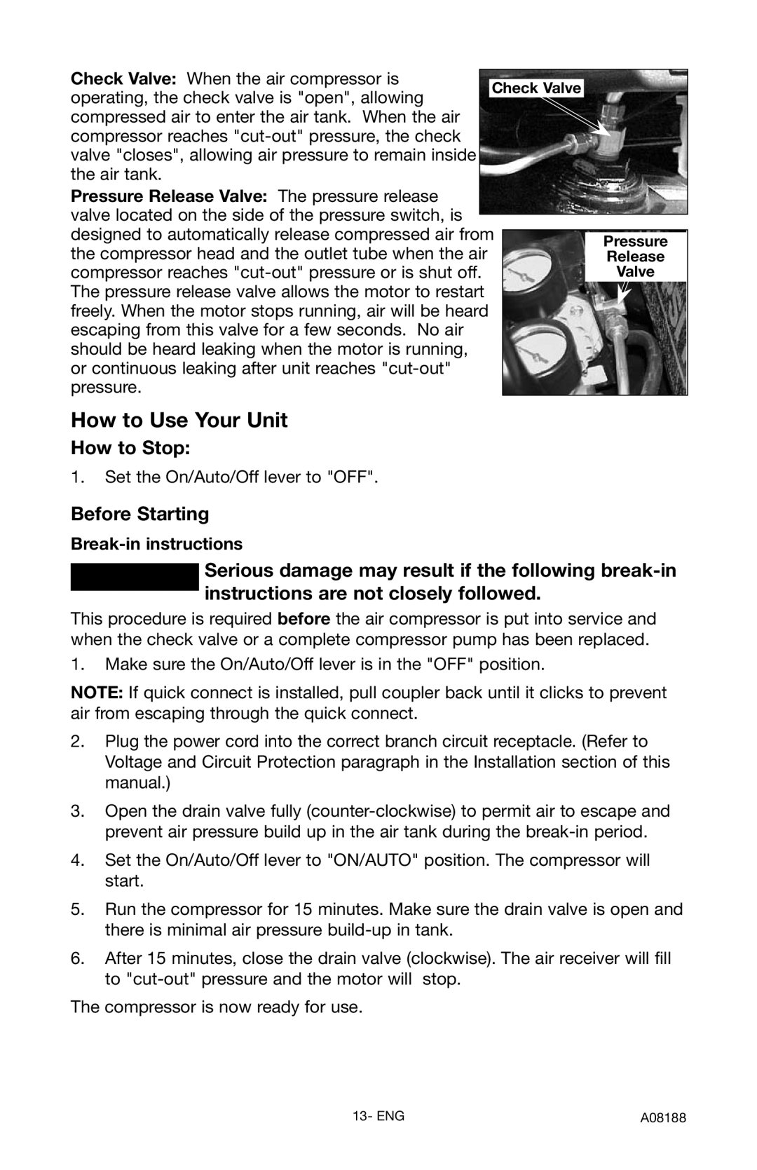 Porter-Cable C2150 instruction manual How to Stop, Before Starting, Valve Pressure Release 