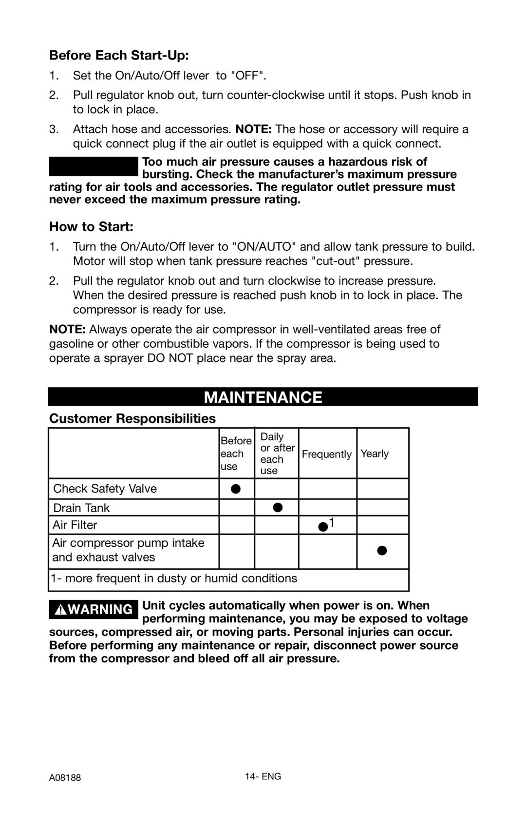 Porter-Cable C2150 instruction manual Maintenance, Before Each Start-Up, How to Start, Customer Responsibilities 