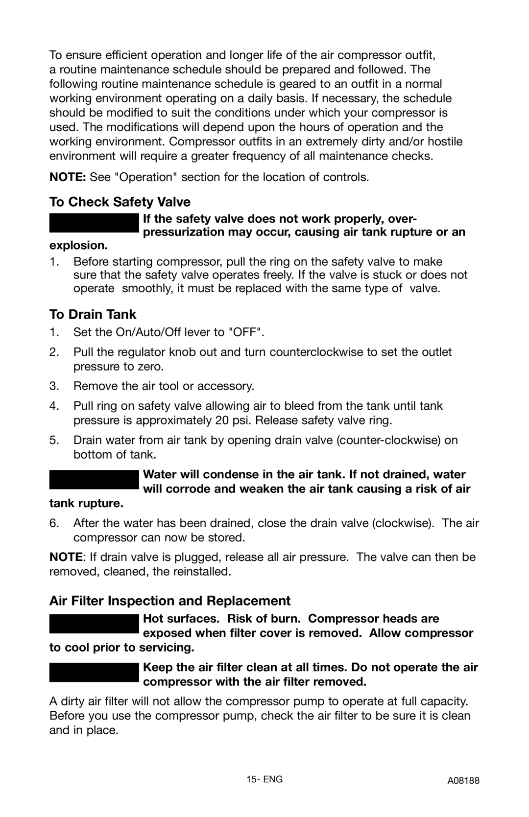 Porter-Cable C2150 instruction manual To Check Safety Valve, To Drain Tank, Air Filter Inspection and Replacement 