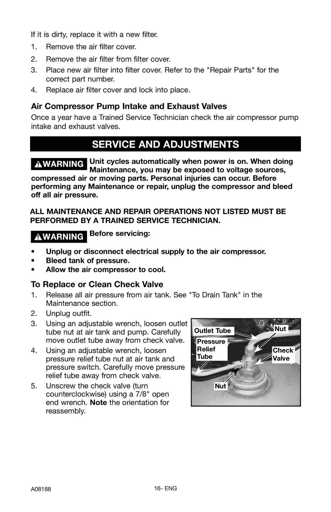 Porter-Cable C2150 Service and Adjustments, Air Compressor Pump Intake and Exhaust Valves, To Replace or Clean Check Valve 