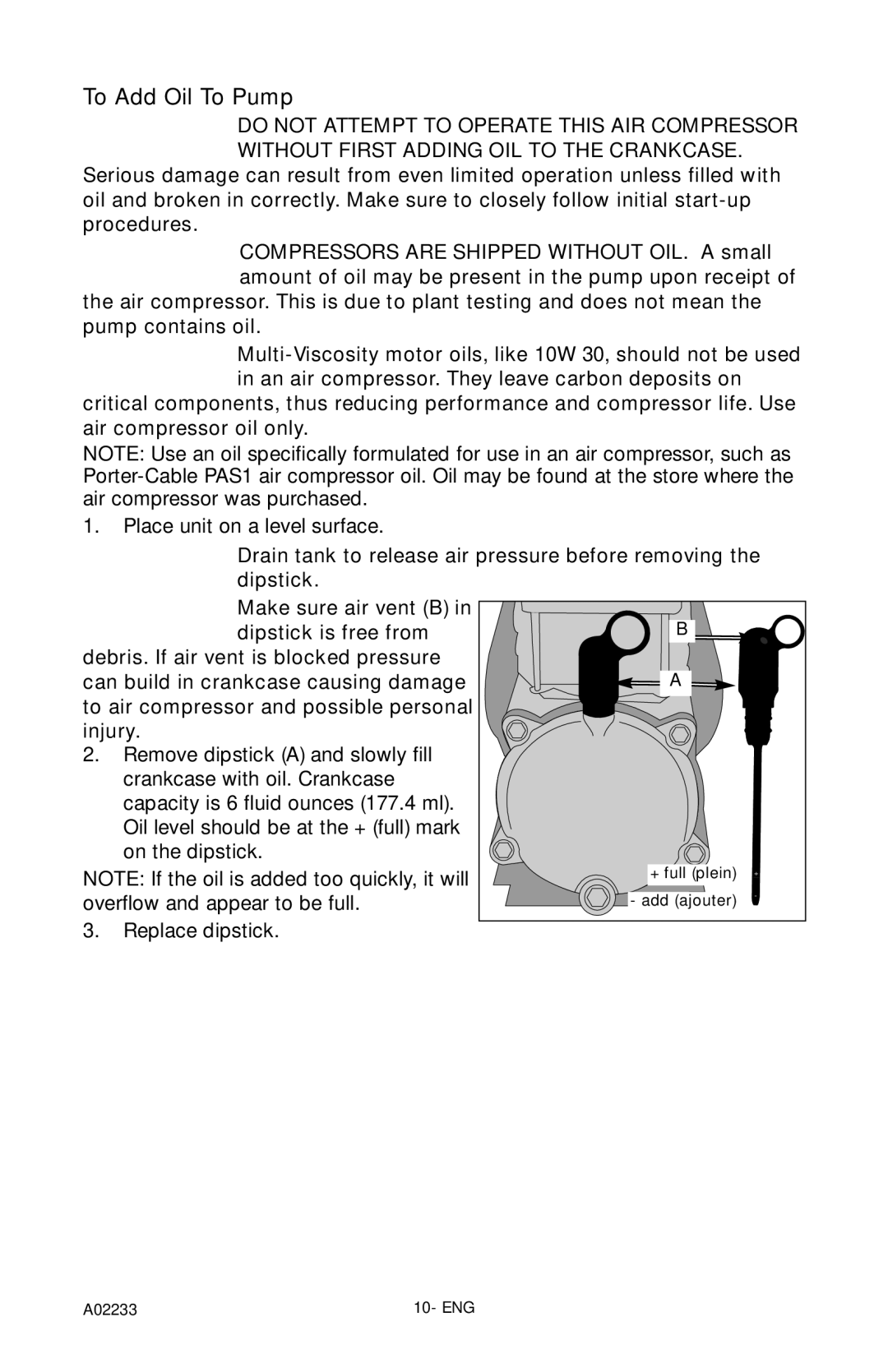 Porter-Cable C2550 instruction manual To Add Oil To Pump 