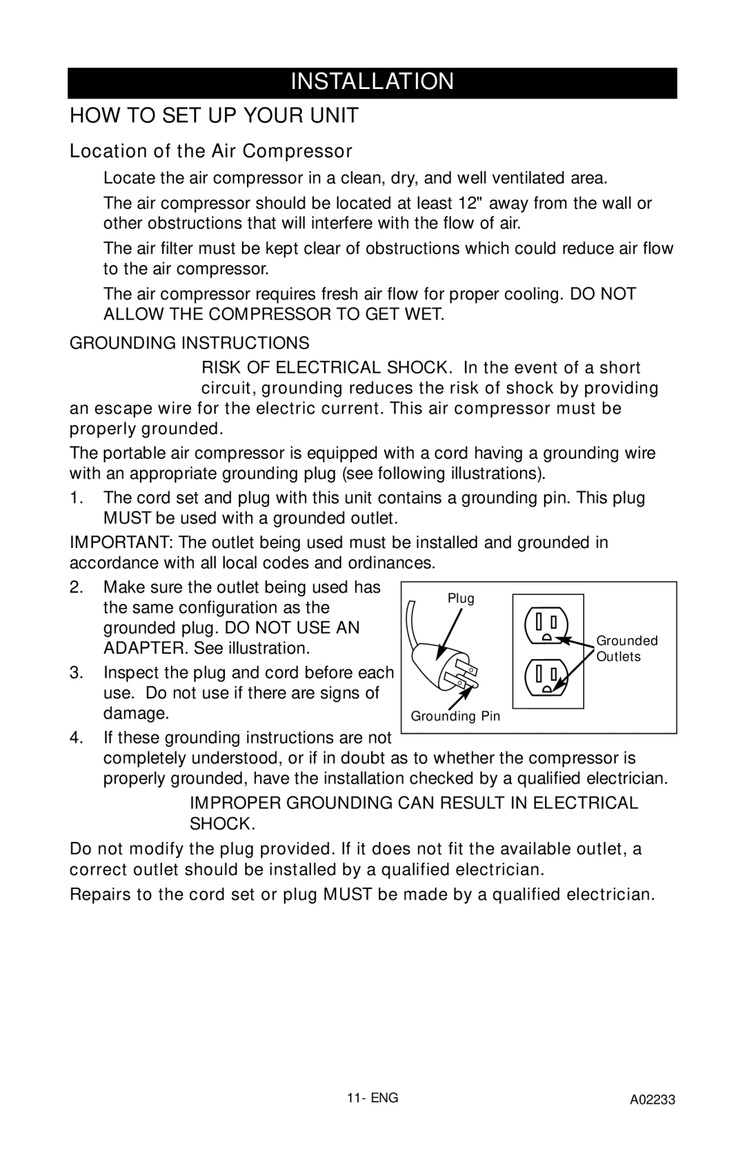 Porter-Cable C2550 instruction manual Installation, Location of the Air Compressor 