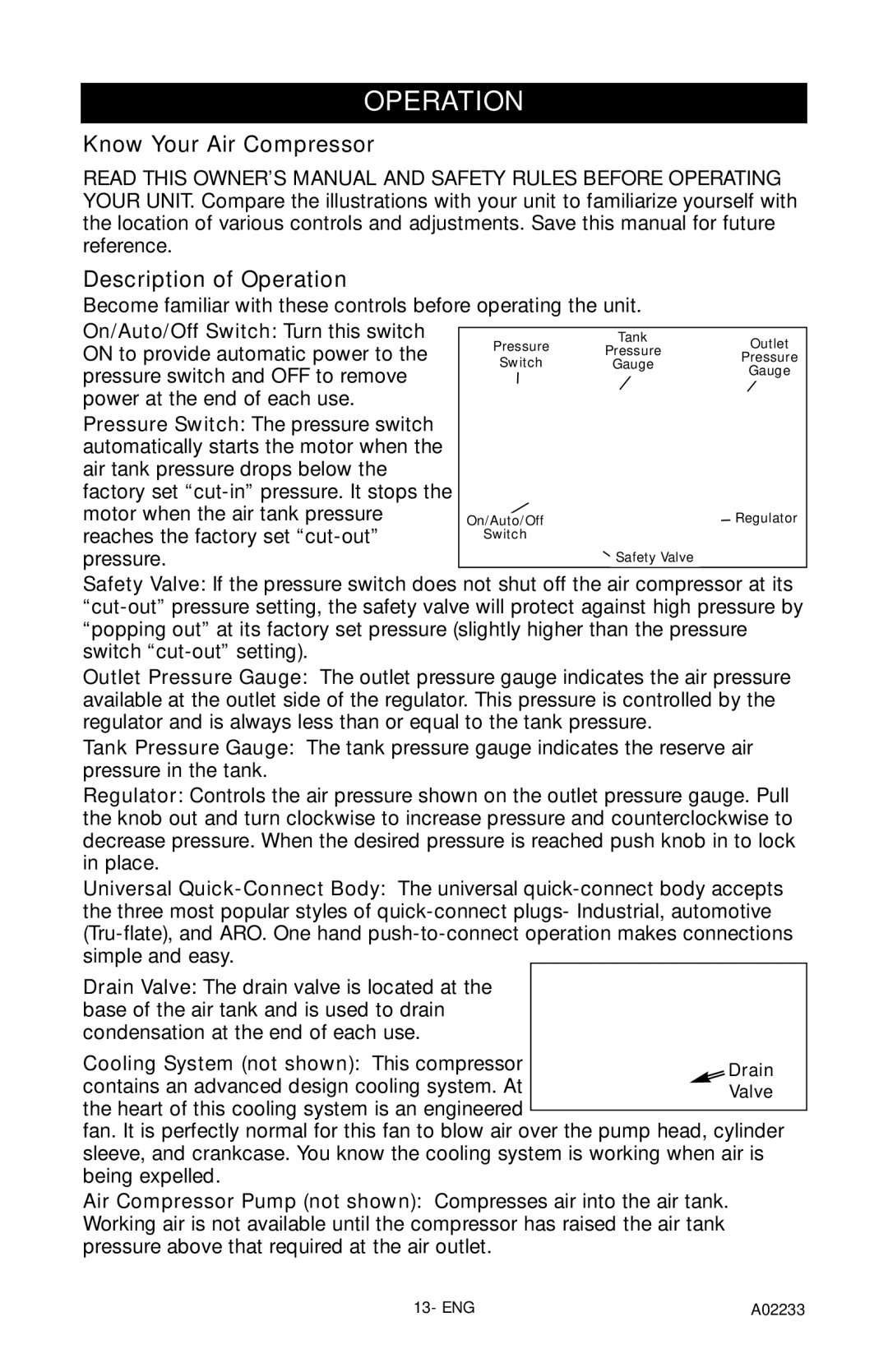 Porter-Cable C2550 instruction manual Know Your Air Compressor Description of Operation 