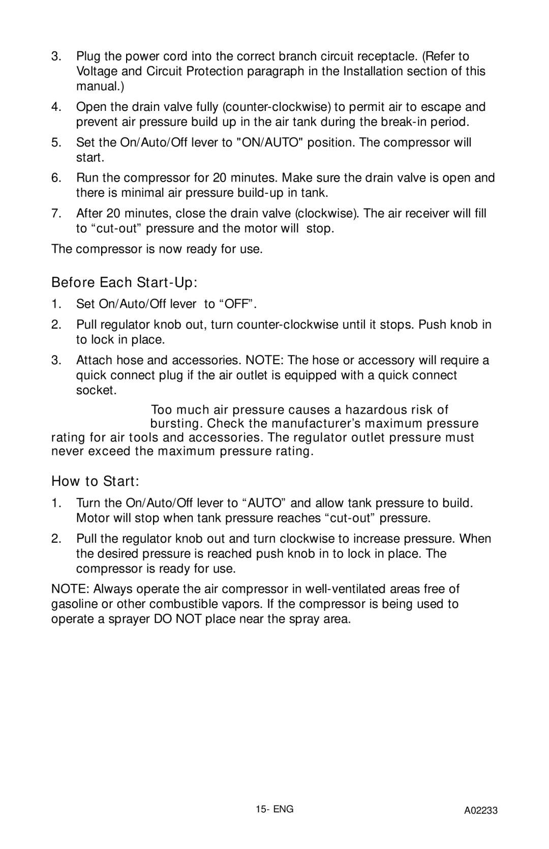 Porter-Cable C2550 instruction manual Before Each Start-Up, How to Start 