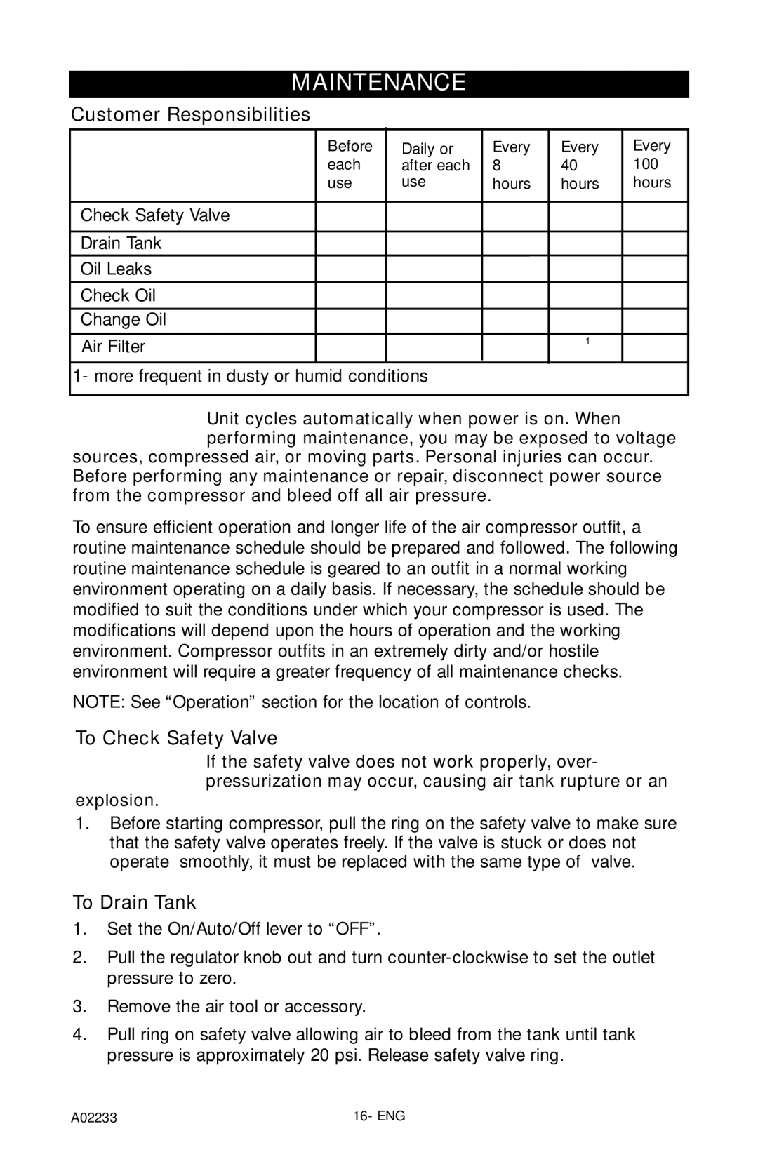 Porter-Cable C2550 instruction manual Maintenance, Customer Responsibilities, To Check Safety Valve, To Drain Tank 