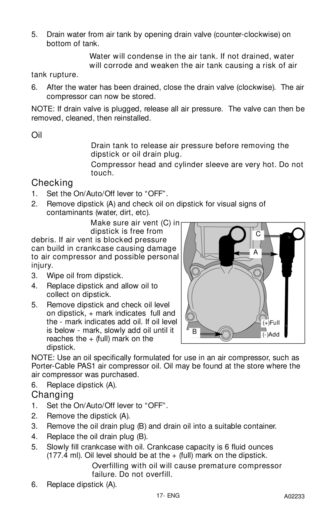 Porter-Cable C2550 instruction manual Checking, Oil 