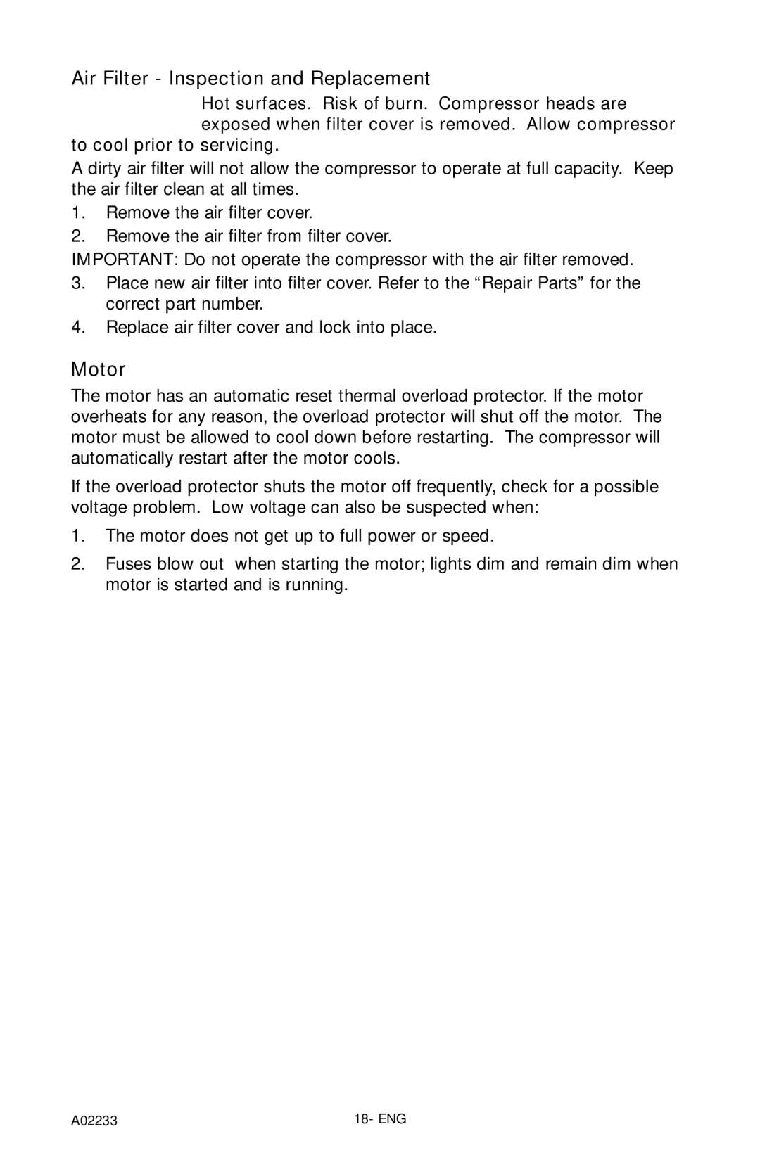 Porter-Cable C2550 instruction manual Air Filter Inspection and Replacement, Motor 