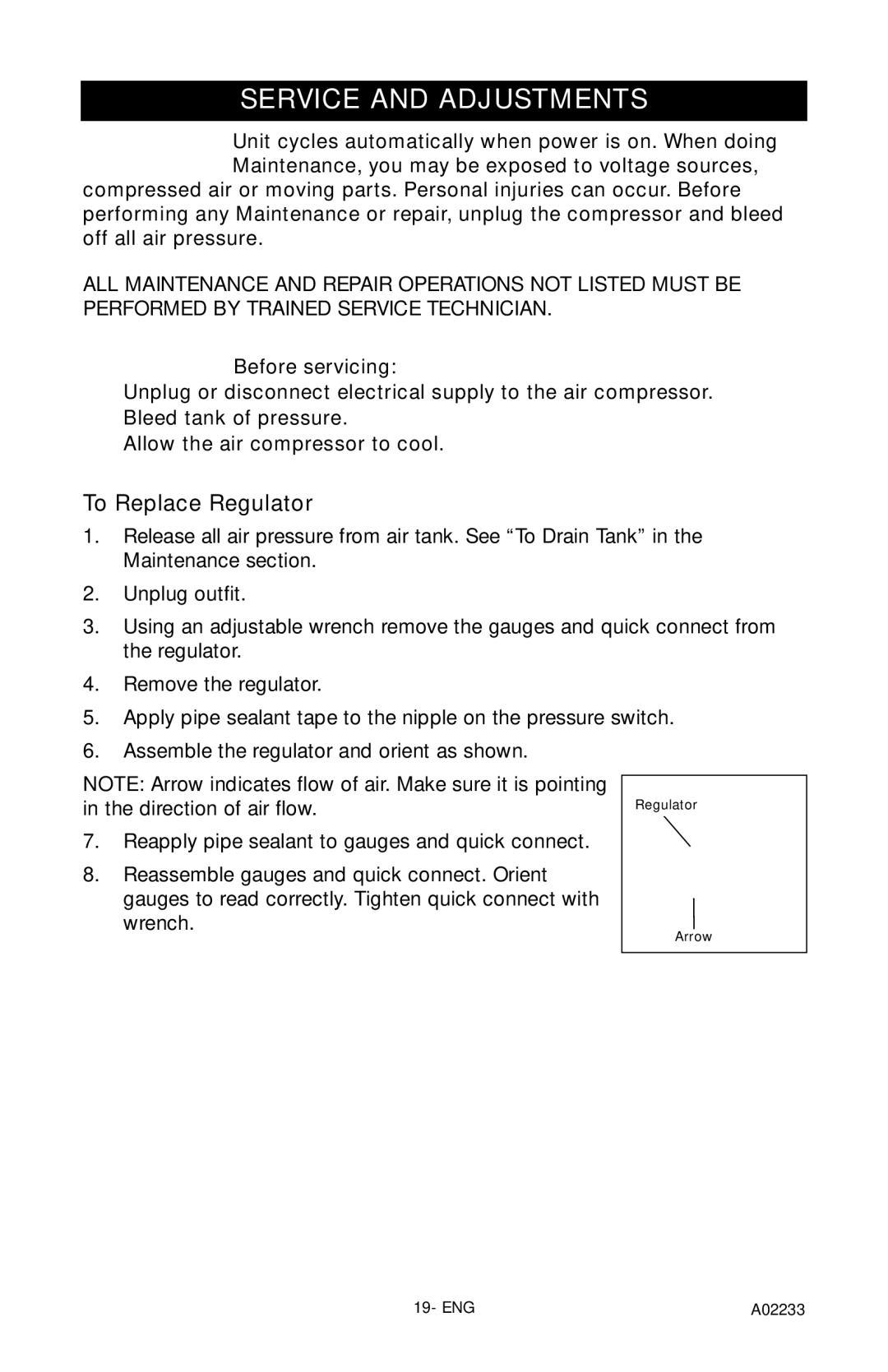 Porter-Cable C2550 instruction manual Service and Adjustments, To Replace Regulator 