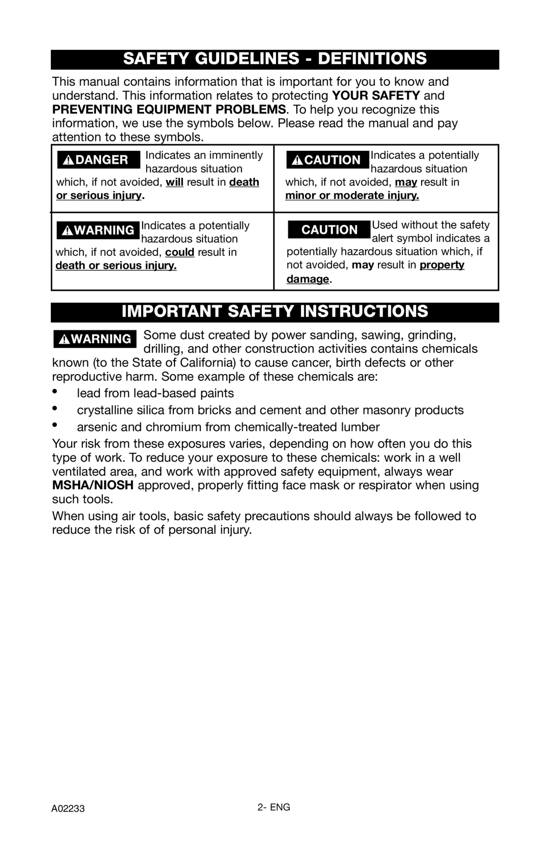 Porter-Cable C2550 instruction manual Safety Guidelines Definitions, Important Safety Instructions 