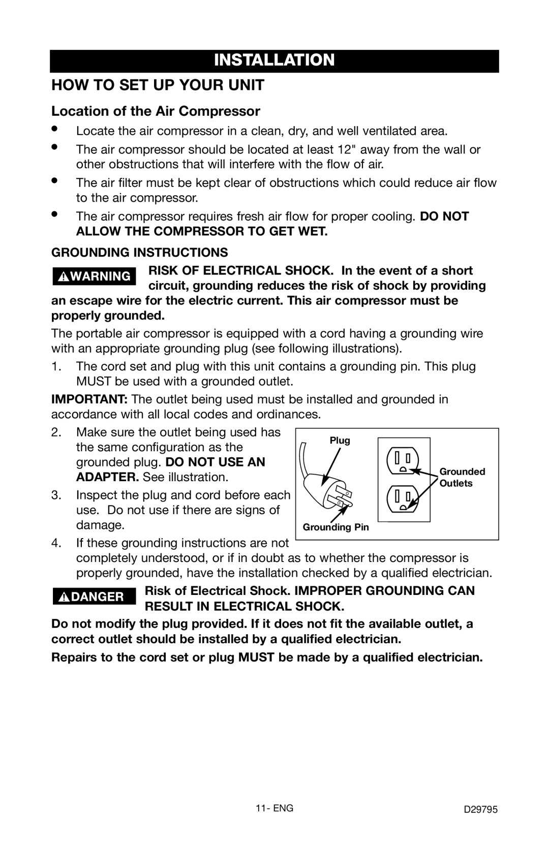 Porter-Cable C2555 instruction manual Installation, Location of the Air Compressor 