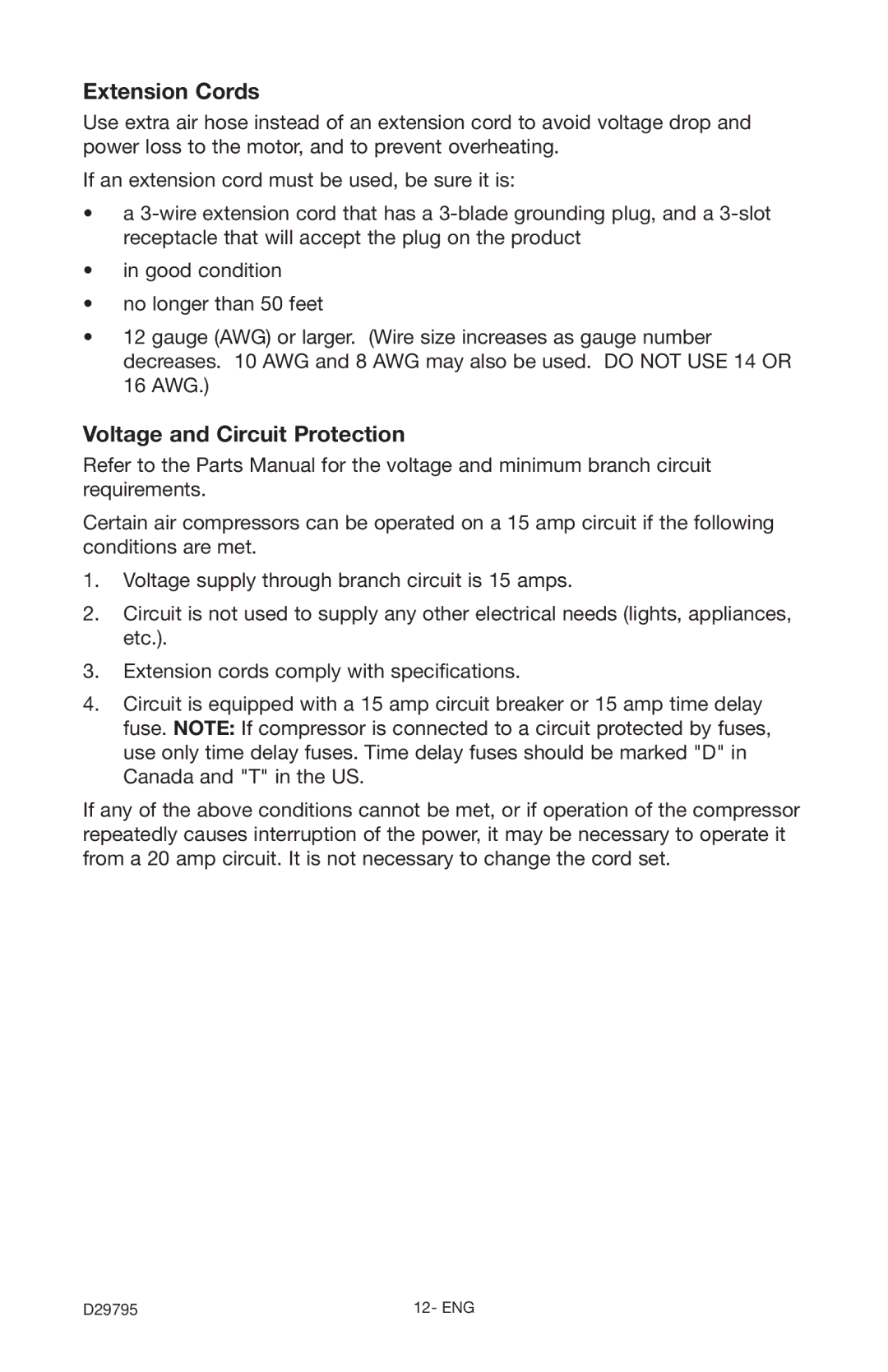 Porter-Cable C2555 instruction manual Extension Cords, Voltage and Circuit Protection 