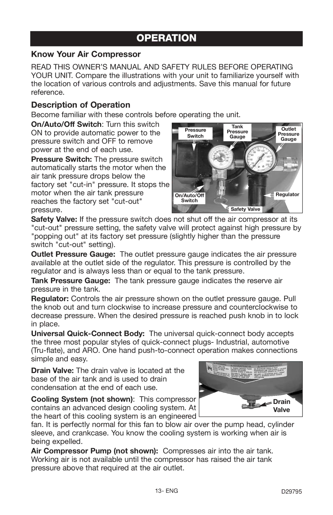 Porter-Cable C2555 instruction manual Know Your Air Compressor Description of Operation 