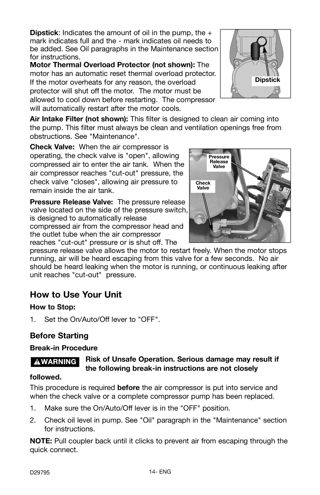 Porter-Cable C2555 instruction manual Before Starting, How to Stop, Dipstick 