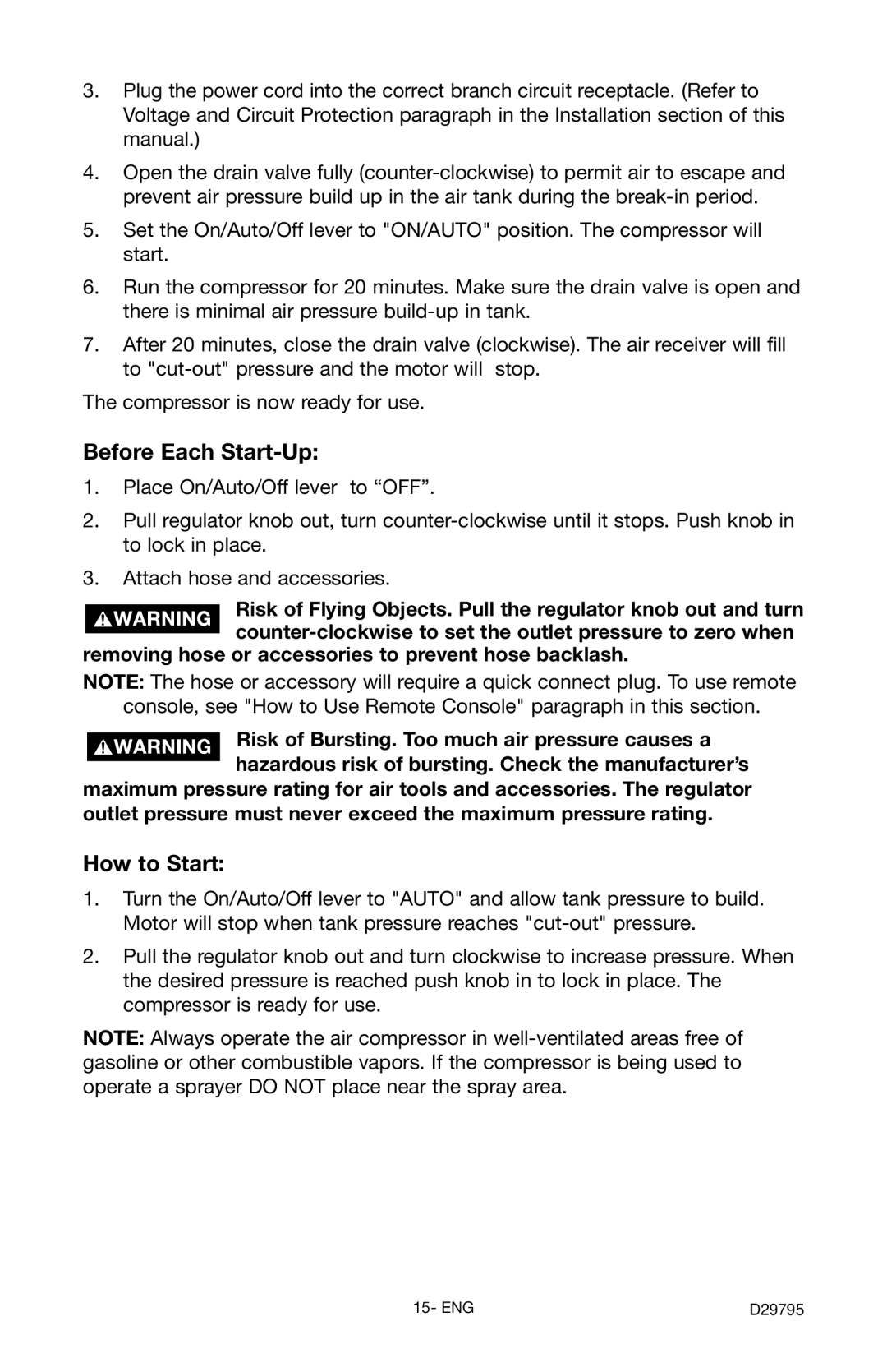 Porter-Cable C2555 instruction manual Before Each Start-Up, How to Start 