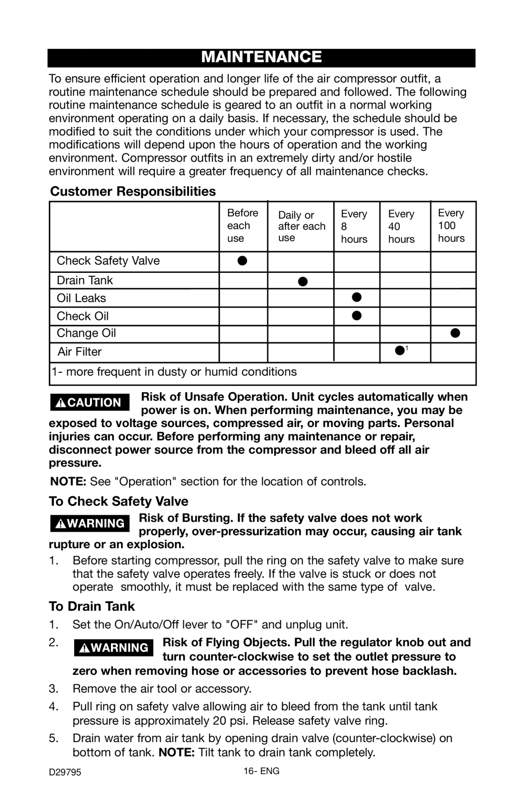 Porter-Cable C2555 instruction manual Maintenance, Customer Responsibilities, To Check Safety Valve, To Drain Tank 