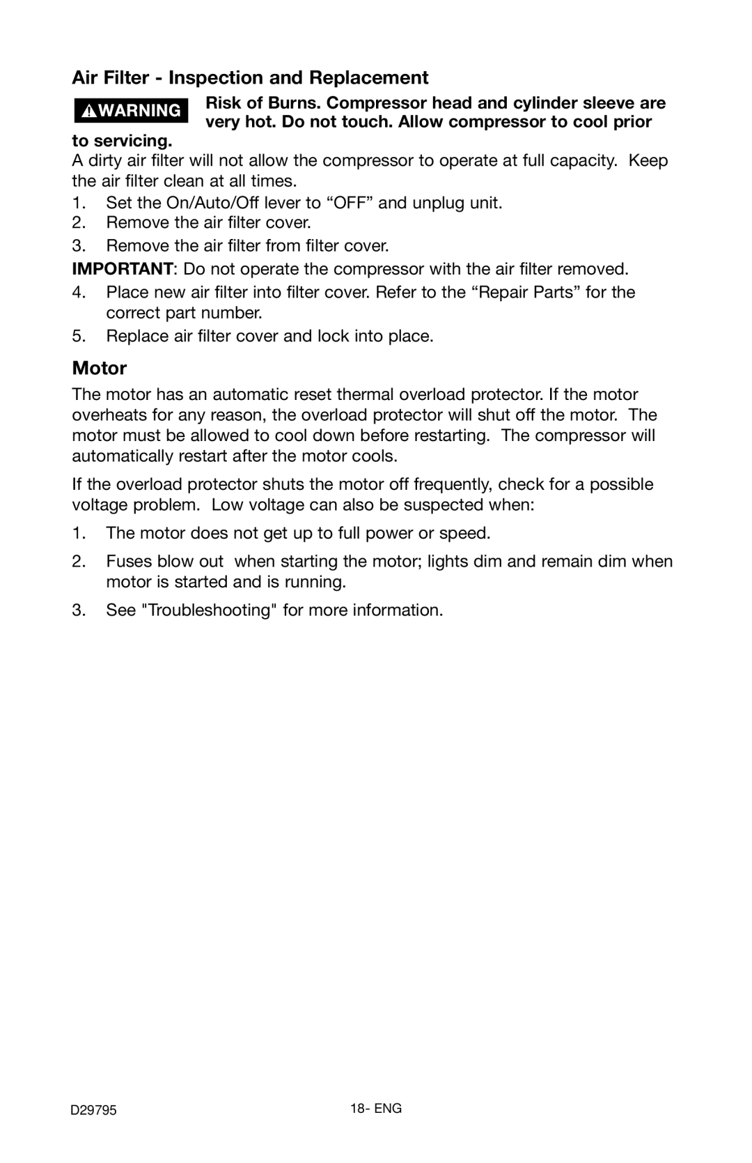 Porter-Cable C2555 instruction manual Air Filter Inspection and Replacement, Motor 