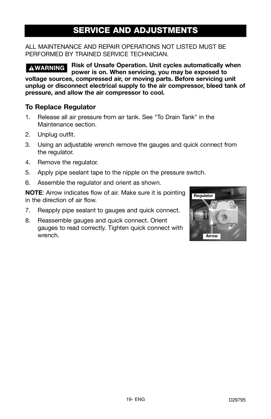 Porter-Cable C2555 instruction manual Service and Adjustments, To Replace Regulator 